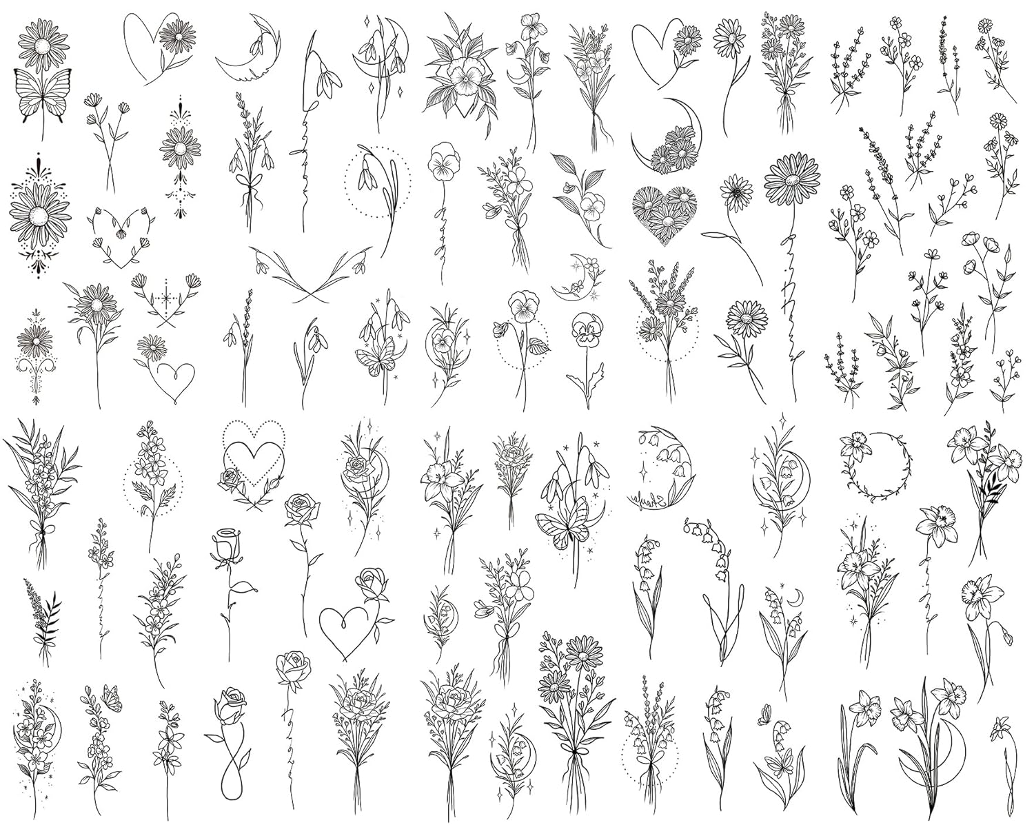 10 Blätter Fake Tattoos Blumen Schwarz Temporäre Klebetattoos, Klein Tattoo zum Aufkleben für Erwachsene Frauen Damen Kinder Männer