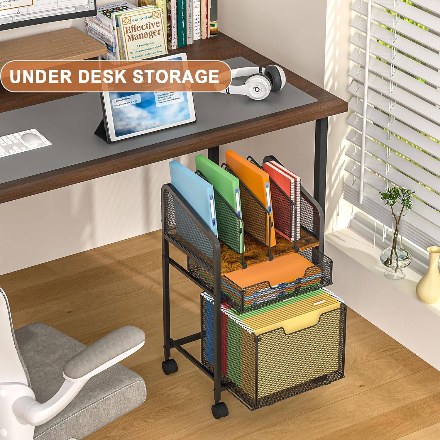 Rolling File Cabinet with Adjustable Dividers, Mobile Filing Cabinet with 2 Storage Drawers on Lockable Wheels, Hanging File Organizer Beside Under Desk for Office, Home(Patent Pending) - Image 5