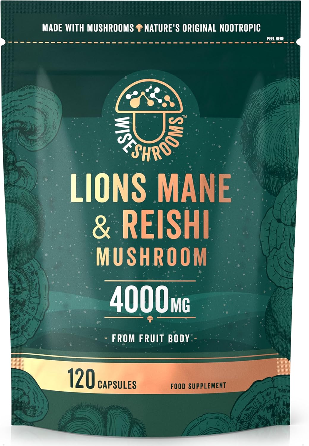 Lions Mane Supplement 4000mg with Reishi Mushroom | Lions Mane Capsules High Strength | 120 Powder Capsules | Vegan | Wiseshrooms