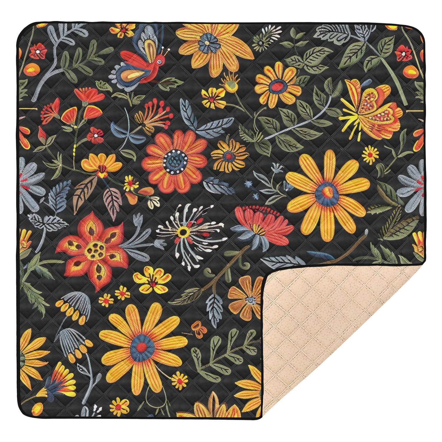 Qilmy Wildflowers Baby Gyms Play Mat for Floor, Waterproof Soft Crawling Mat with Non-Slip Bottom, Lightweight Foldable Picnic Camping Mat for Infants, Toddlers, 50x50in
