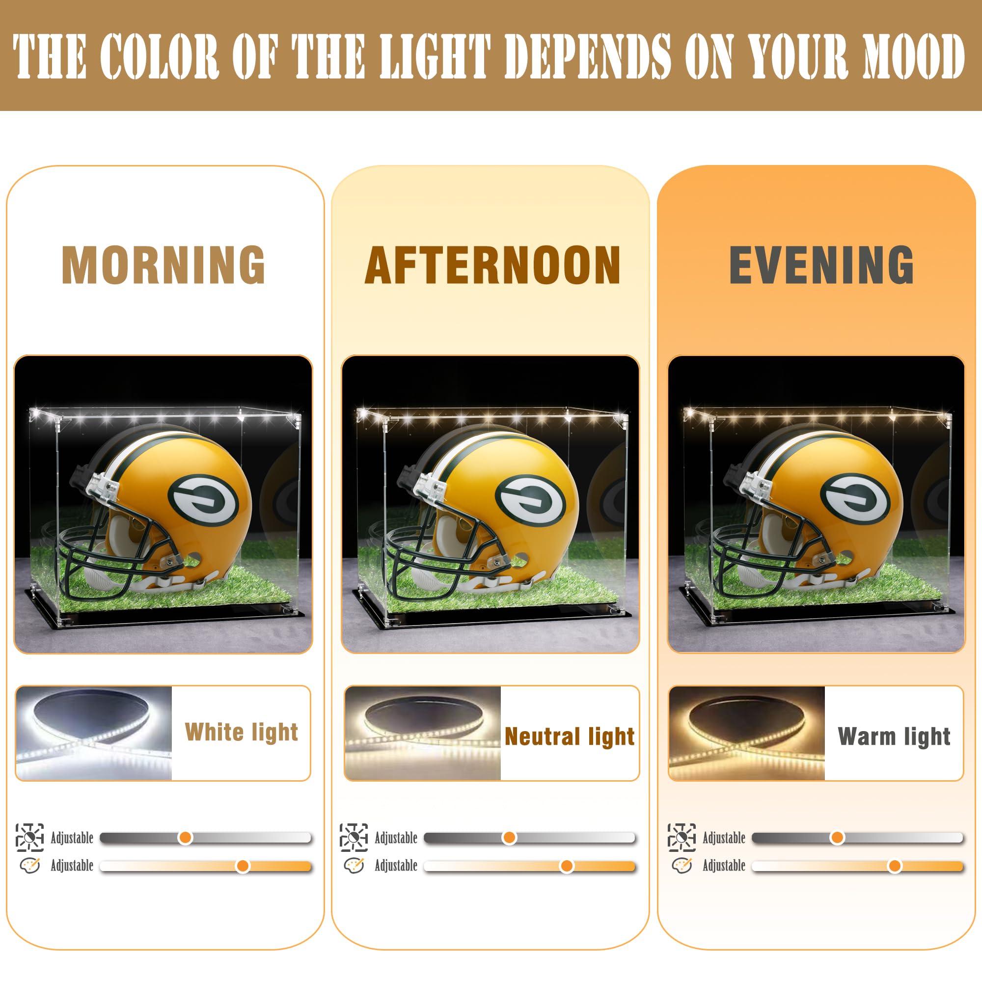 Full Size Football Helmet Display Case with 3-Modes LED Lights & Turf Base – Acrylic Showcase with Mirror Back, Gold Risers, UV Protection – Perfect for Sports Memorabilia & Collectibles