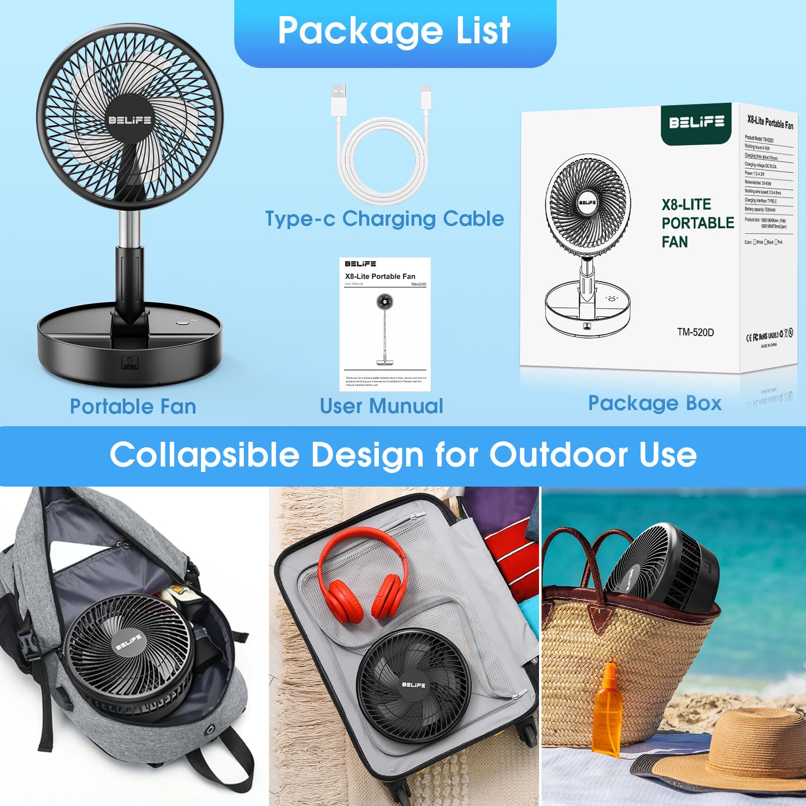Belife X8-Lite Ventilatore portatile, 7200 mAh, ricaricabile a batteria, ventilatore USB da pavimento con telecomando, ventilatore telescopico pieghevole per casa, camera da letto, ufficio, campeggio