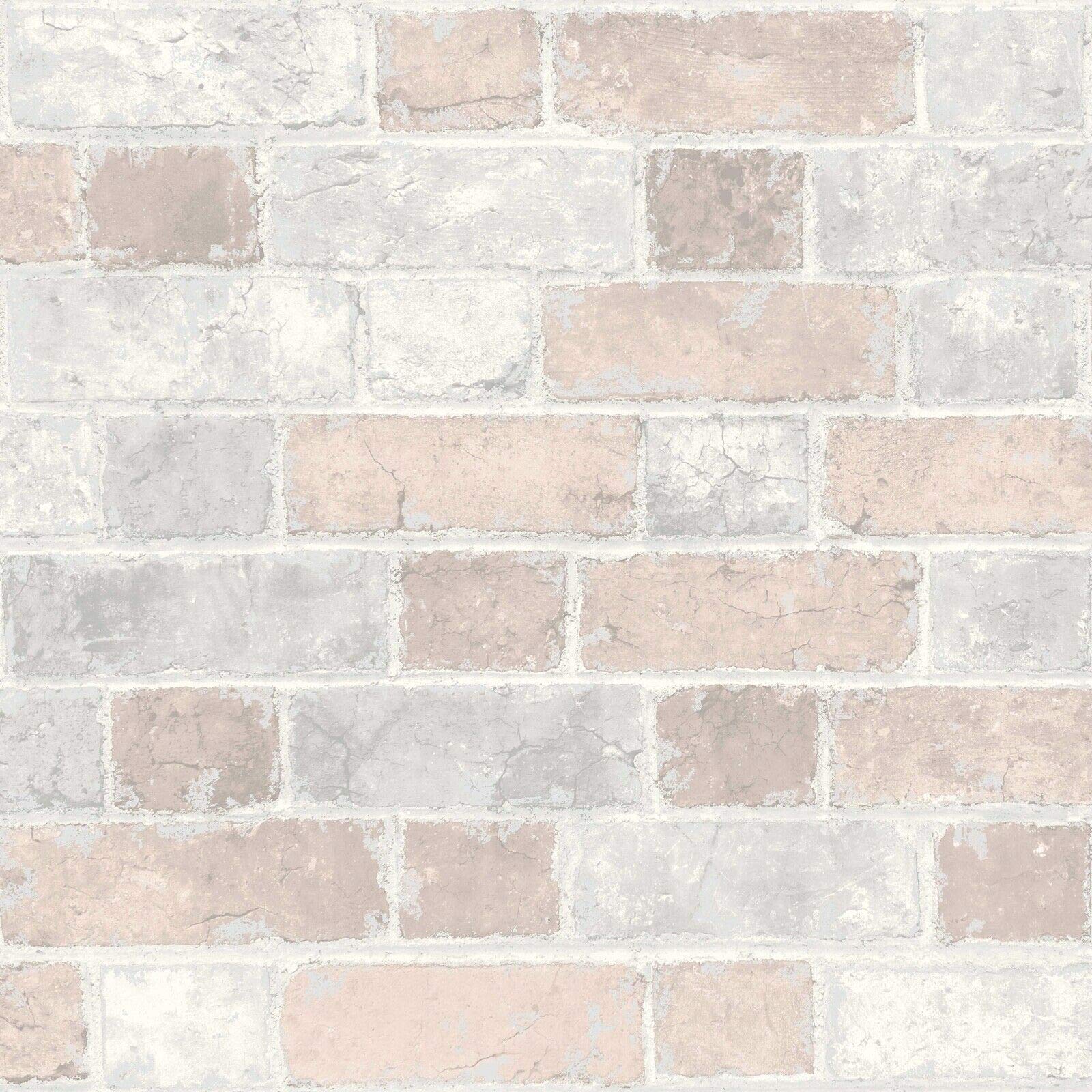 Muriva Brick Wall Effect Stone Pale Pink Light Grey Rustic Wallpaper - Pink