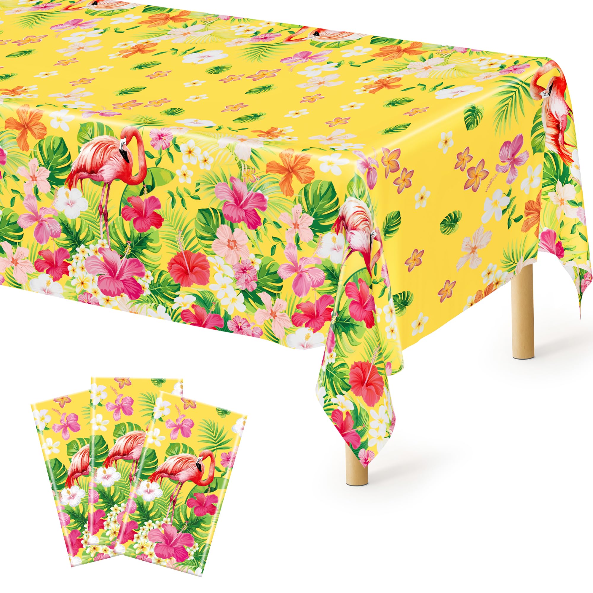 QZYL 3 PCS Hawaiian Table Cloths, 54 x 108 Inches Luau Tablecloths, Disposable Aloha Party Decorations with Summer Flamingo Palm Leaves, Plastic Luau Party Supplies Tropical Decorations for Tiki Bar