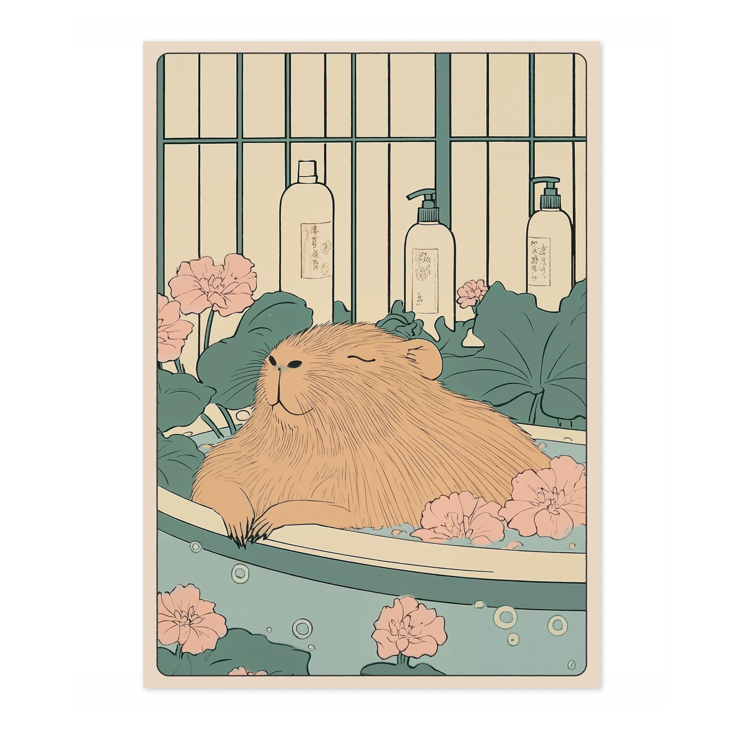 Capybara Bathtime Anime Animal Poster, Funny Bathroom Wall Art Print, Manga, Bathroom Wall Art, Toilet Decor, 50x70cm (Print Only) - 50x70cm — image 1