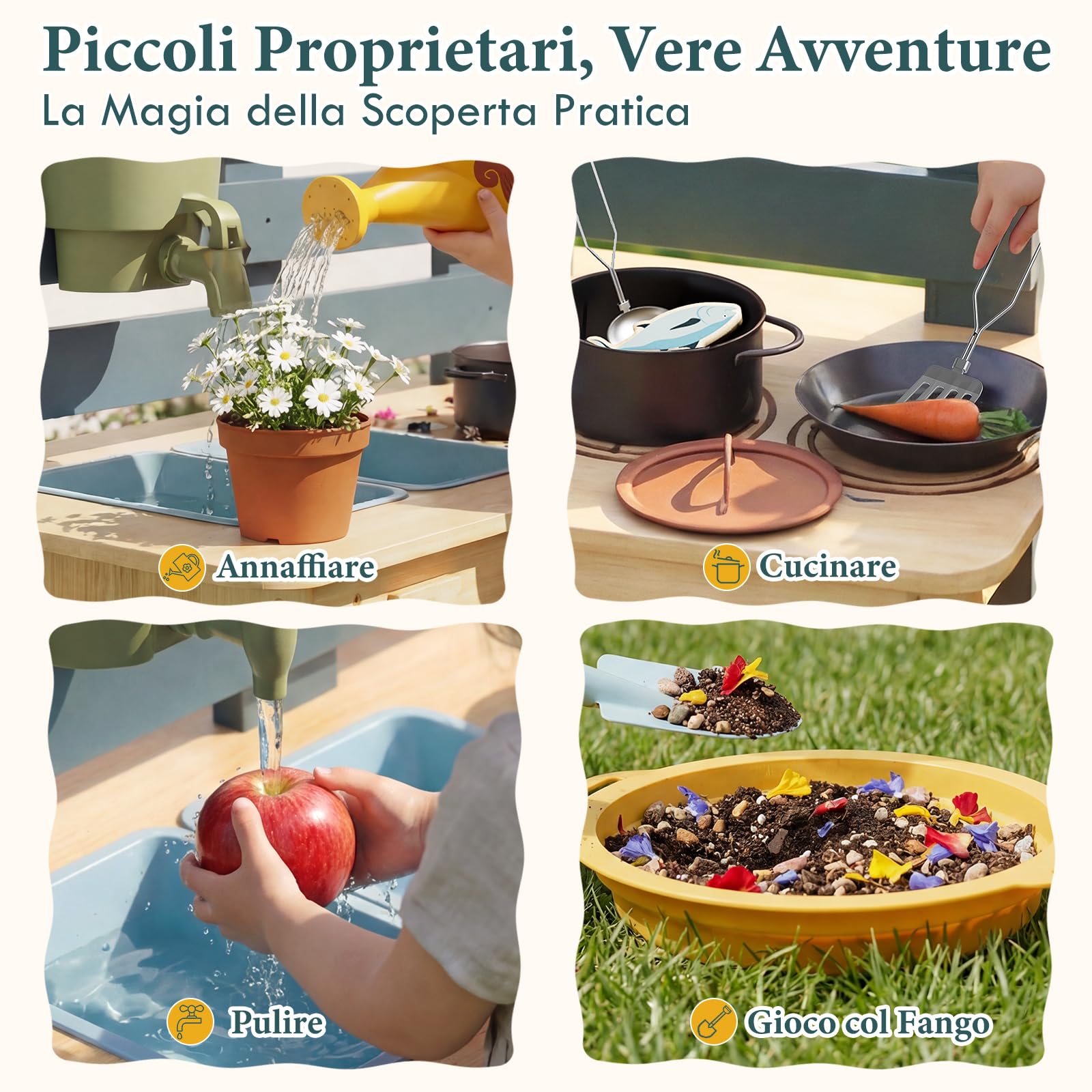 Lehoo Castle Cucina Bambini Legno - Mud Kitchen da Esterno con Lavello a Acqua Corrente, Giochi Sensoriali per Cucinare e Annaffiare, Giocattolo Montessori per Giardino 3+ Anni