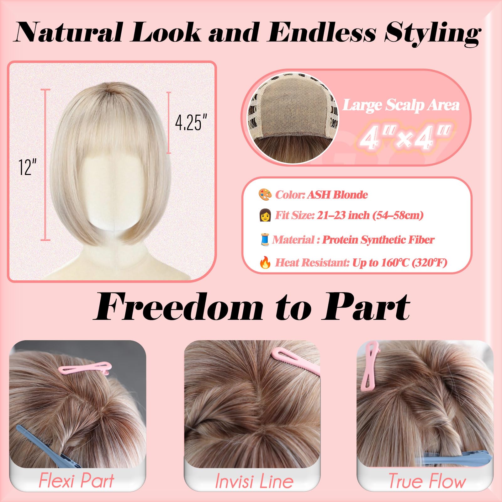 Glueless Lace Front Short Bob Wig with Bangs, Protein Synthetic Fiber, 12 Inch 12 main image 4
