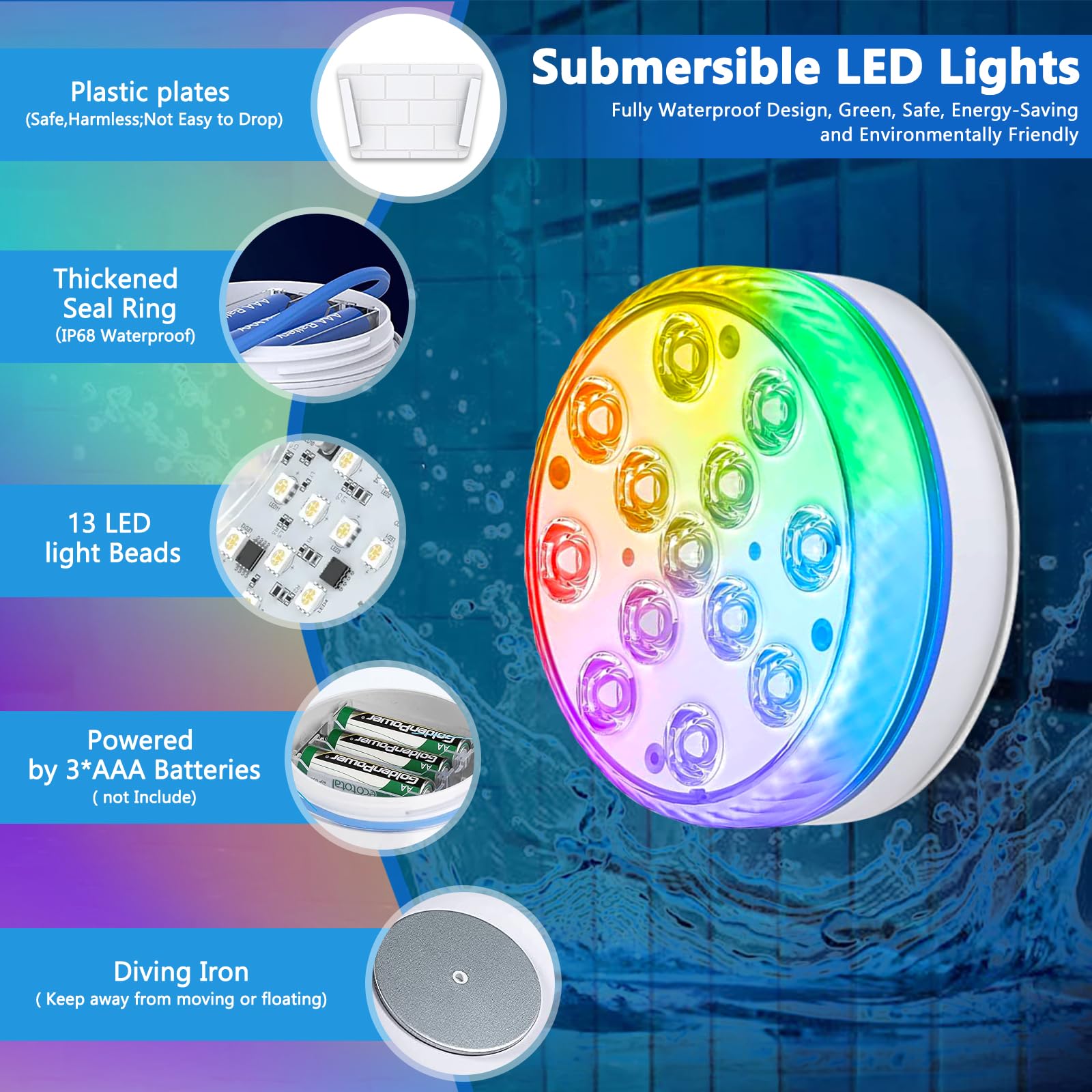 Amzeeniu Podwodne oświetlenie basenowe, 13 diod LED, wodoszczelne, RGB, różne kolory, z pilotem zdalnego sterowania, IP68, oświetlenie dekoracyjne do spa, wanny, akwarium, fontanny