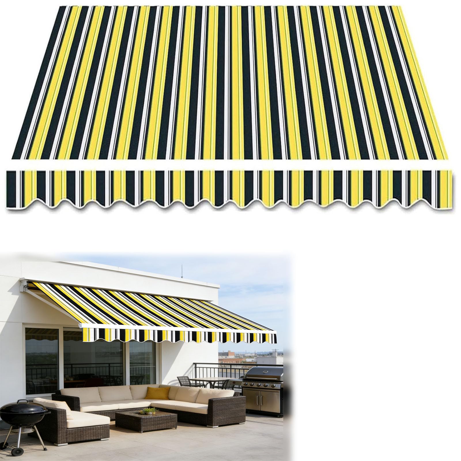 Toile de rechange rétractable pour auvent de porte de terrasse, abri de soleil, tissu de rechange en polyester imperméable pour magasins, jardin (taille : 4,6 x 3,4 m, couleur : rayures jaunes)