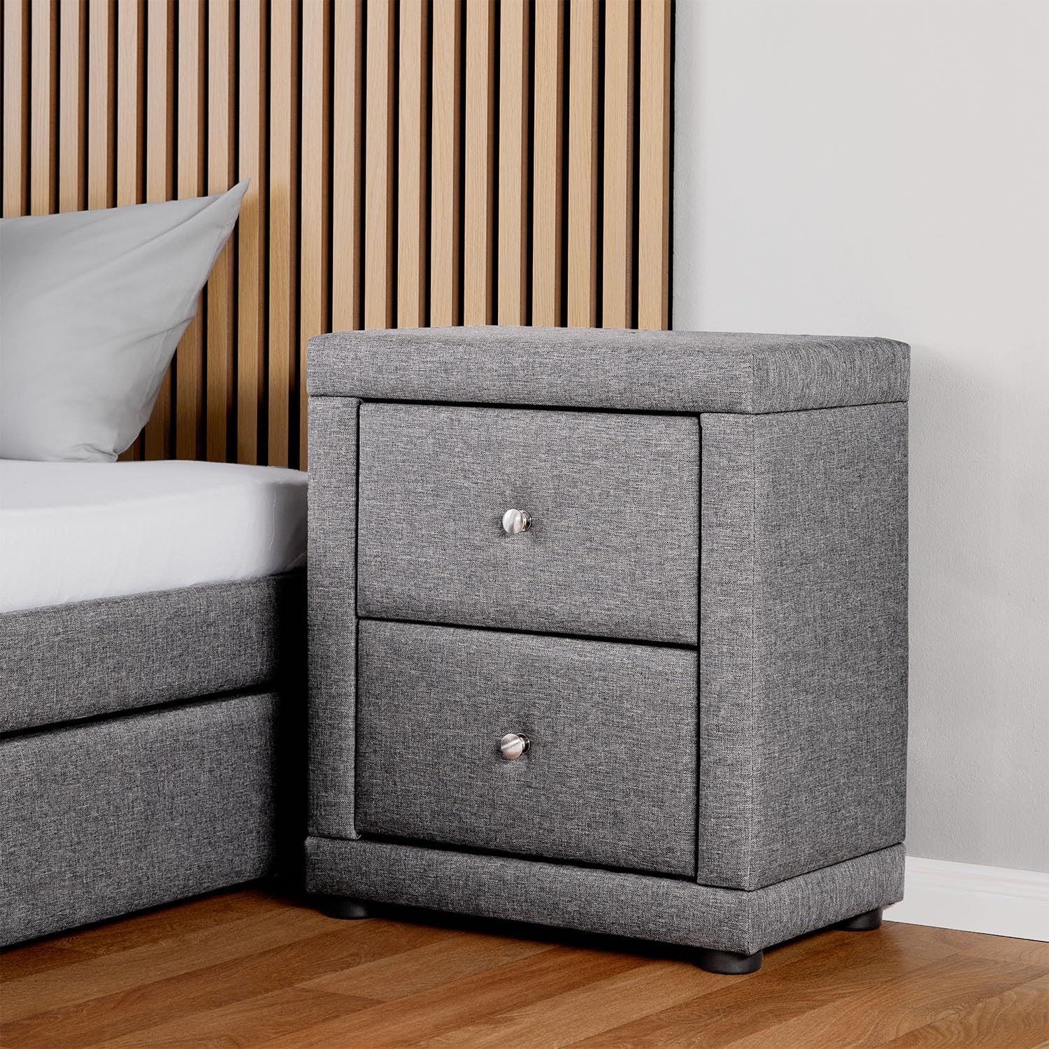 Homestyle4u 2-er Set Nachttisch Grau mit Schubladen gepolstert Stoff Beistelltisch Schlafzimmer Stabiler und eleganter Nachtschrank | Artikel 3150