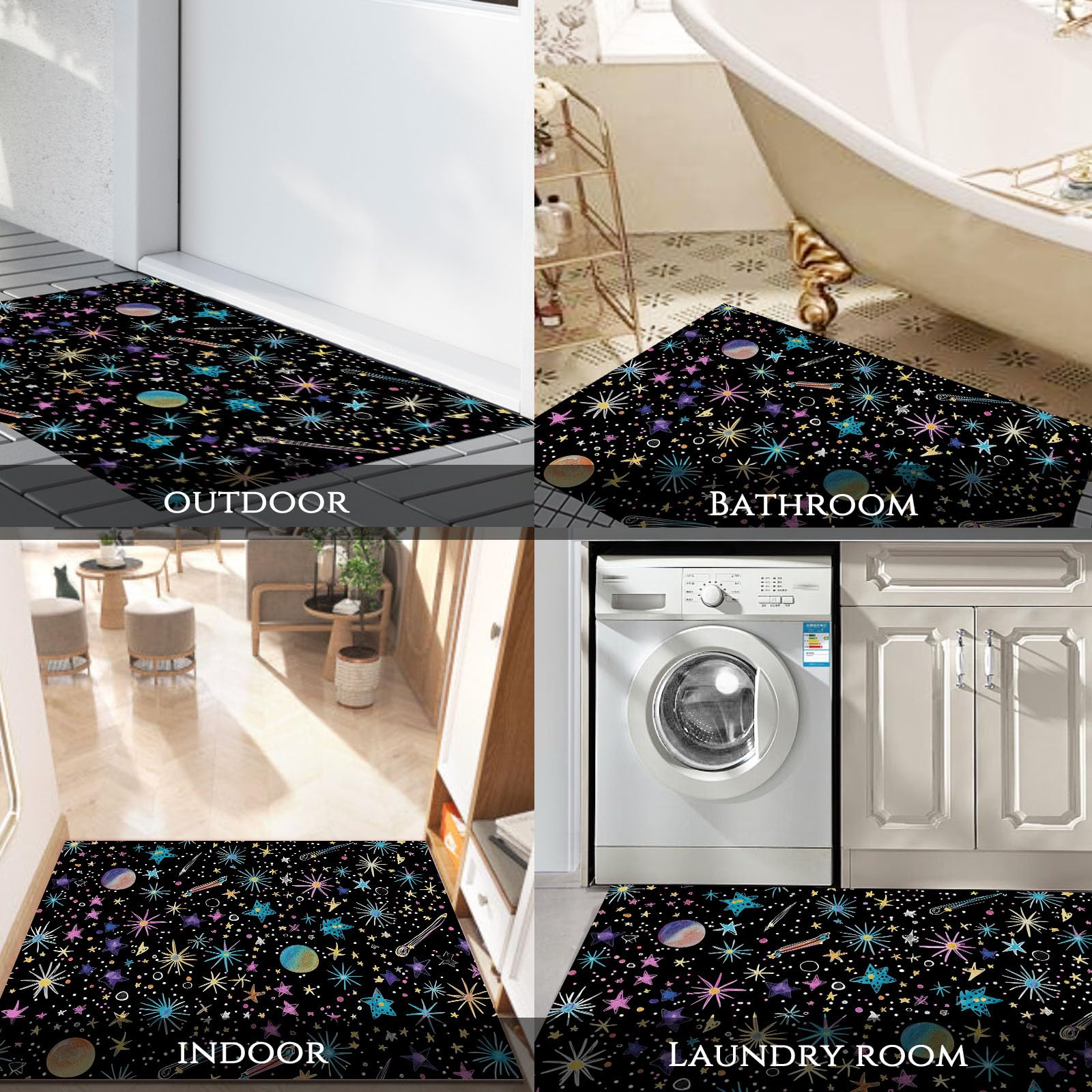 Felpudo de Bienvenida con Estrellas Y Estrellas Fugaces, 80x120cm Felpudo Entrada Casa Graffiti Cielo Estrellado Antideslizante Alfombra Pasillo de Perfil Bajo para Debajo de la Puerta, Negro
