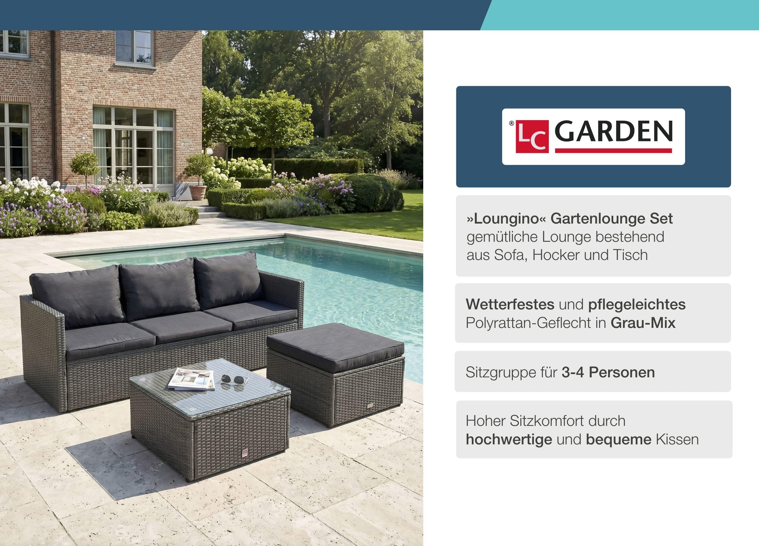 LC Garden Loungino Polyrattan Lounge grau-Mix für 3-4 Personen, Balkonmöbel Sitzgruppe mit Tisch + Hocker, Gartenlounge, Ecksofa für Balkon + Terrasse