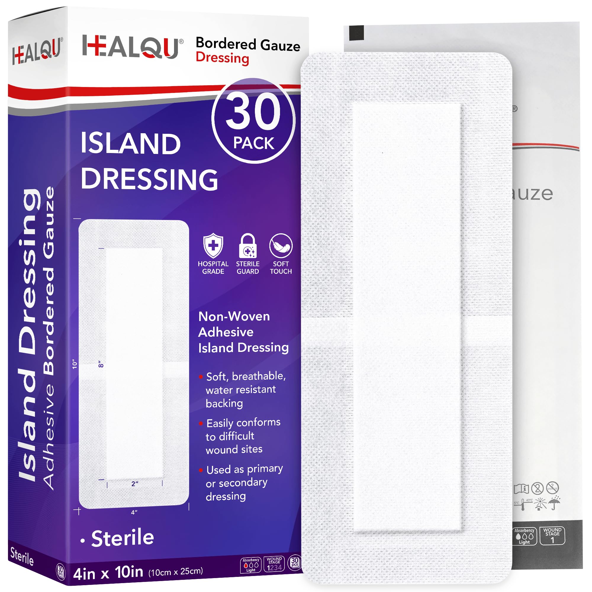 HEALQU Bordered Gauze Island Dressing - 50 Count, 2.4"x4" Sterile Individually Wrapped Gauze Pads with Water-Resistant, Non-Woven Backing - Soft and Breathable Wound Dressing for First Aid & Medical — Amazon image 8