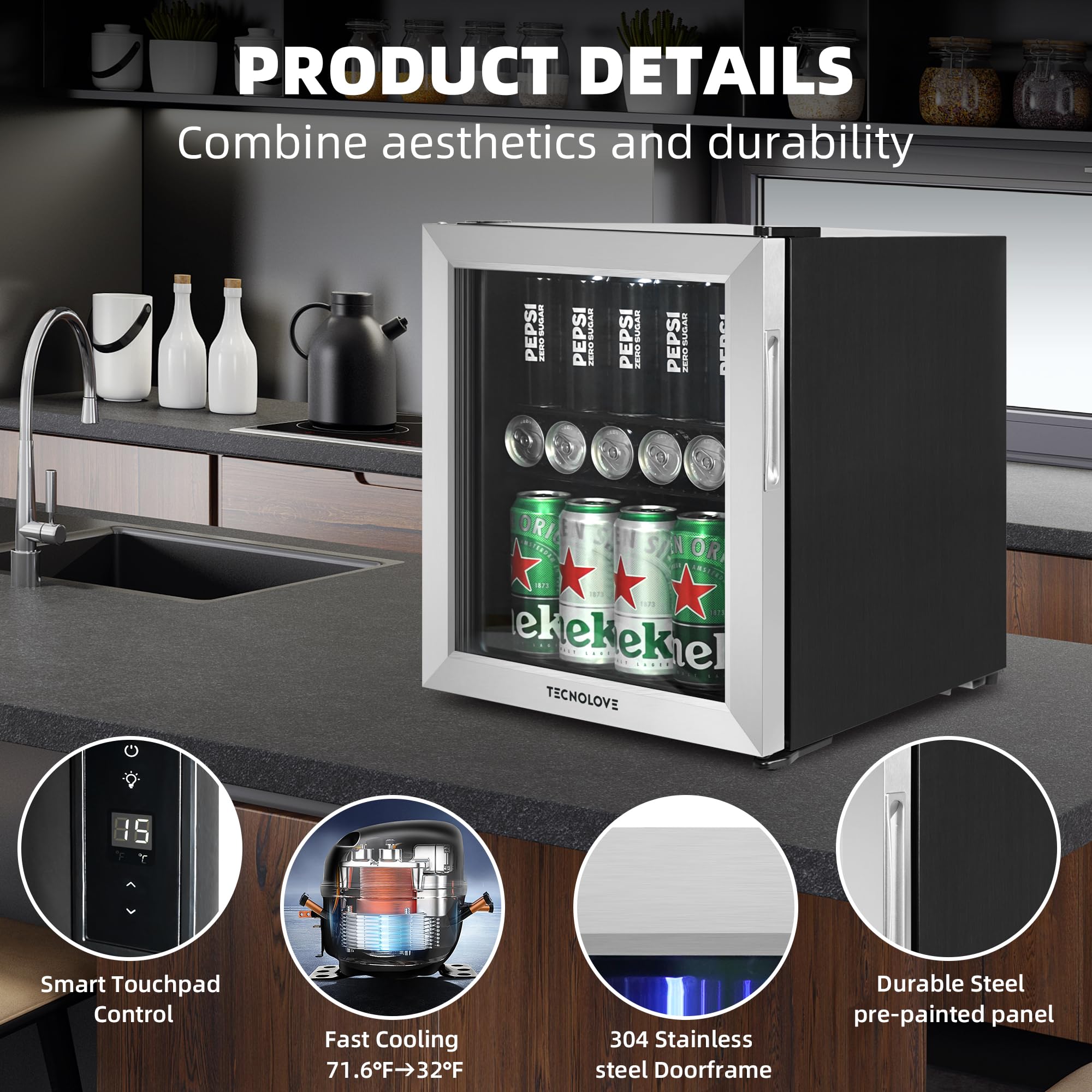 Tecnolove Beverage Refrigerator, 1.6 Cu.Ft Mini Fridge, Stainless Steel, LED Digital Temp Control, Double Glass Door, Adjustable & Removable Shelves, Compact Design For Home & Office on Fridge.com - View 2