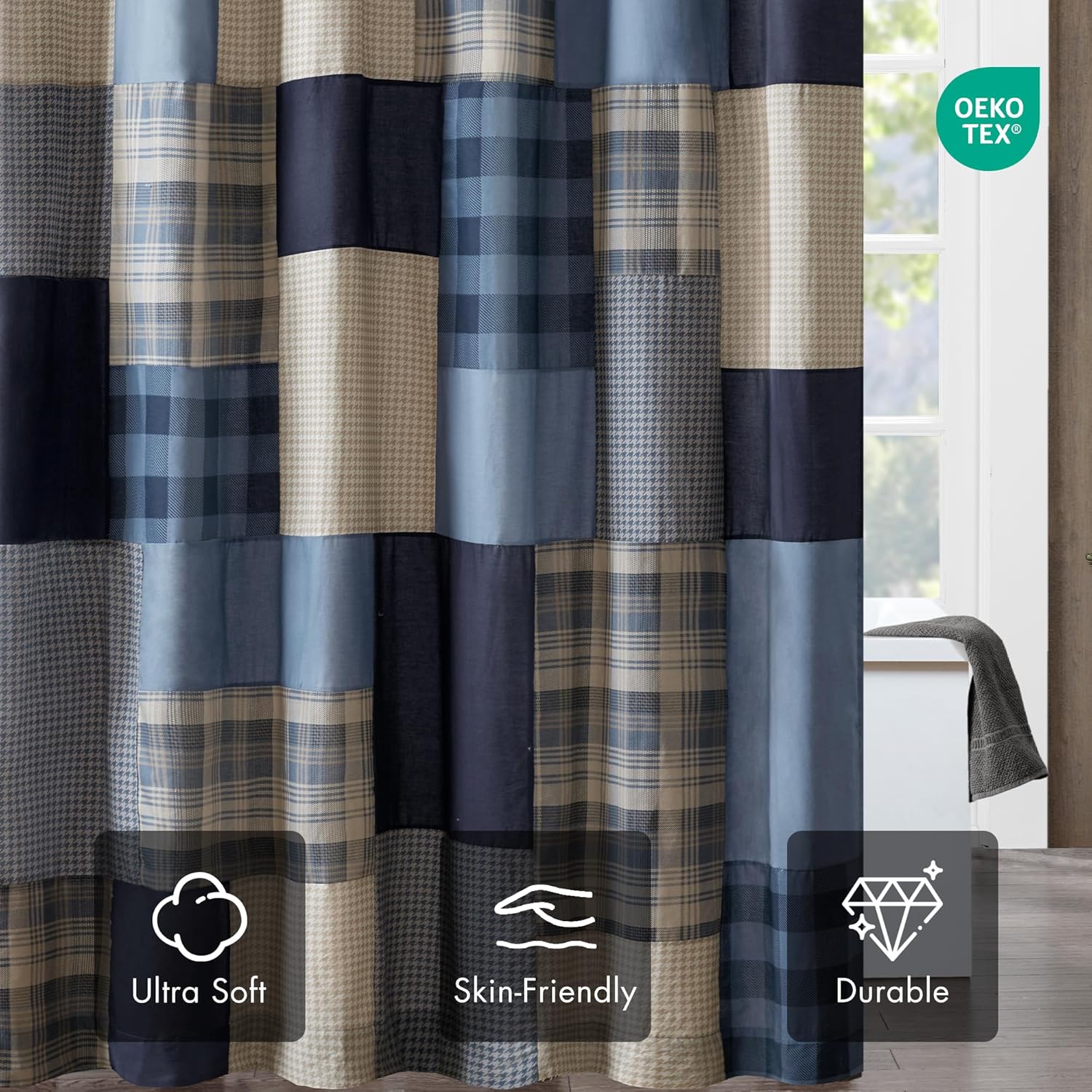 Woolrich Winter Hills 100% Cotton Shower Curtain, Cabin Lodge Plaid Pieced Design, Farmhouse Bathroom Decor, Machine Washable, Fabric Privacy Screen 72x72, Blue