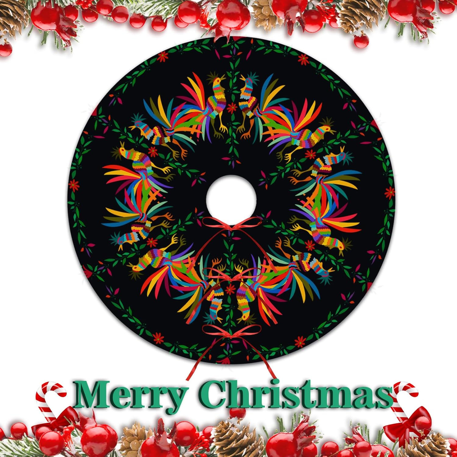 Round Ethnic Mexican Christmas Tree Skirt, Xmas Tree Skirt Mat for Christmas Decorations for Xmas Party and Holiday Decorations 48"