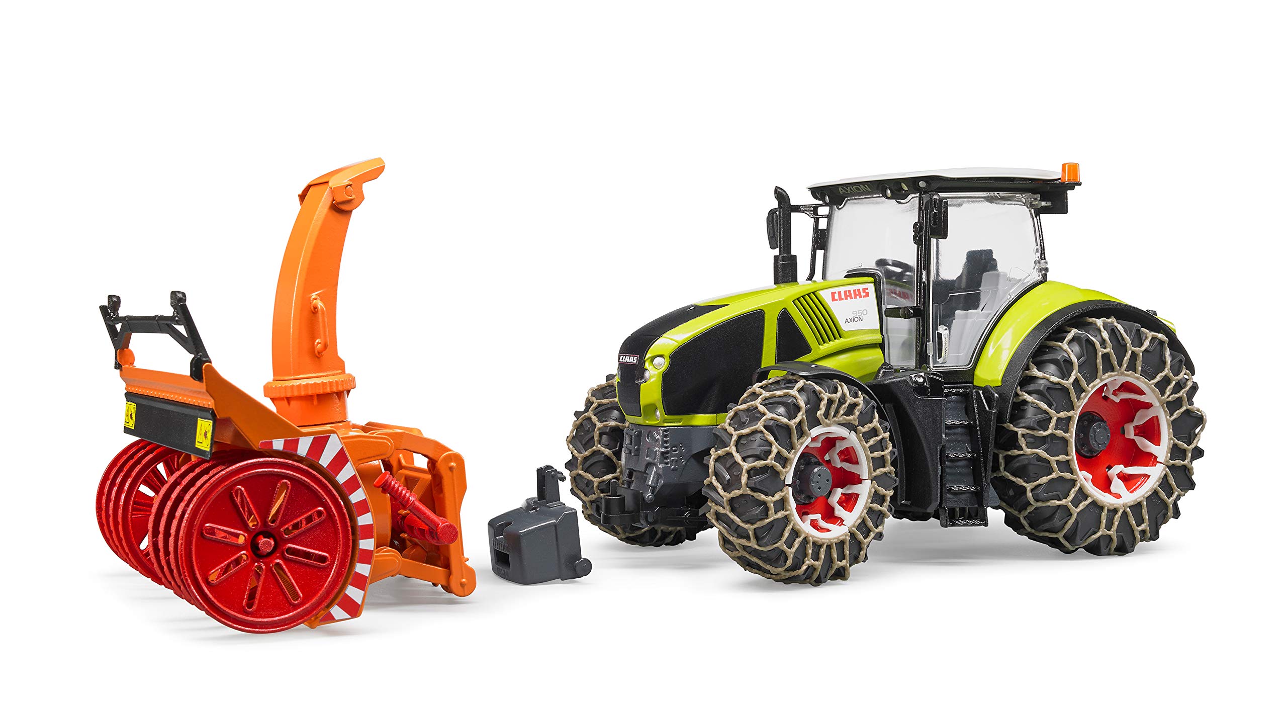 bruder 03017 - Claas Axion 950 con catene da neve e spazzaneve, trattore, servizio invernale, spazzaneve