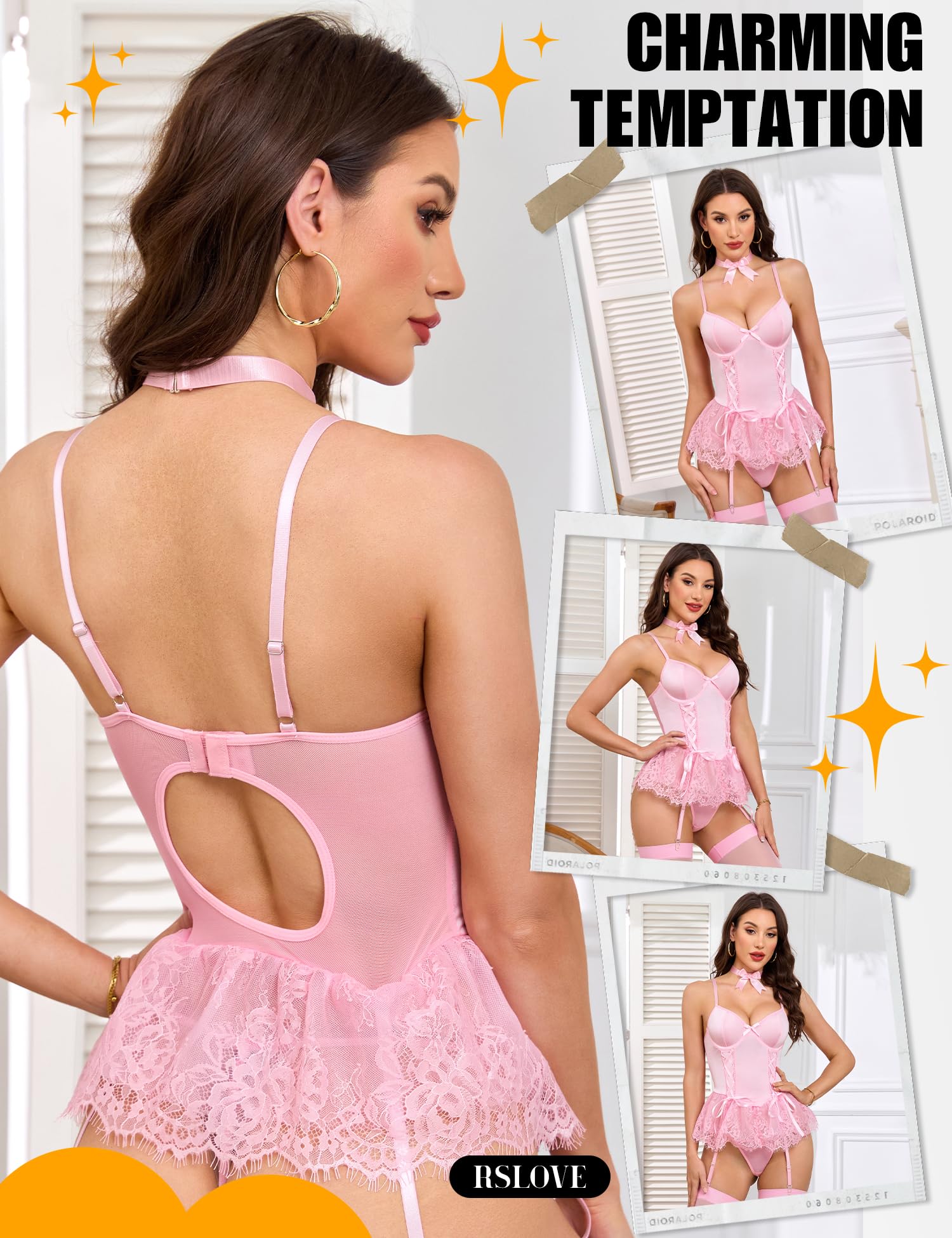 RSLOVE Sexy Strapsen Dessous Set - V-Ausschnitt Corsage Set Babydoll Dessous für Frauen mit Strumpfgürtel und Strümpfe