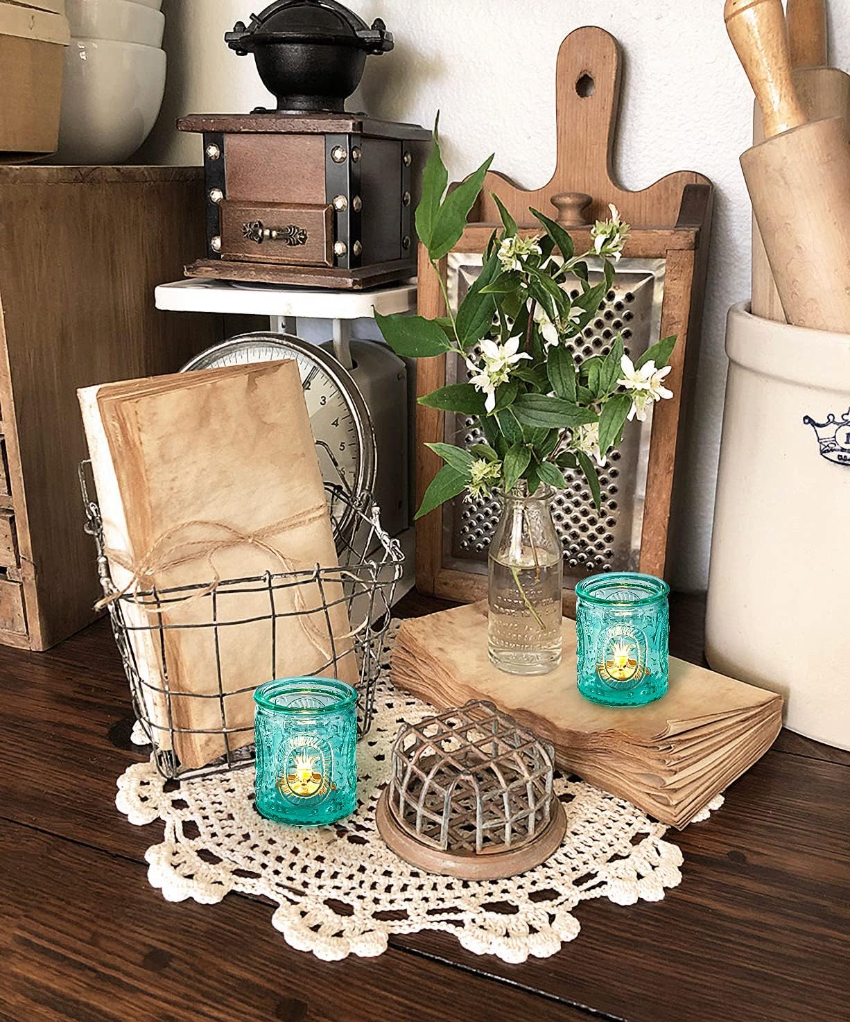 Blue Votive Candle Holders Set of 12, Vintage Blue Tealight Candle Holders, Teal Candle Holder for Wedding Home Decor, Embossed Candle Votives for Bridal Shower Decor/Thanksgiving/Christmas