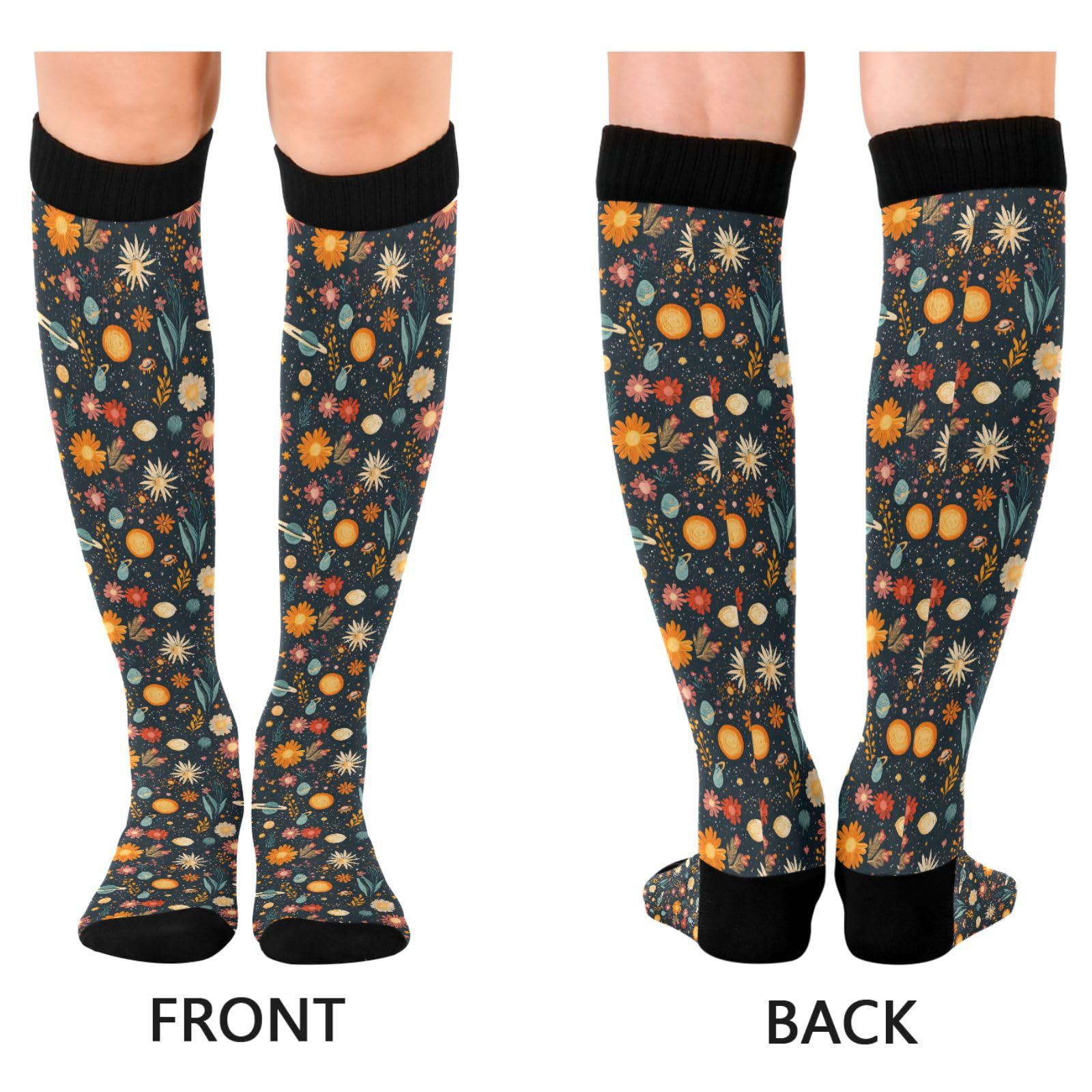 ALAZA Starry Sky Blossom Floral Compression Socks for Women Men Circulation Long Socks Running Athletic Cycling 2 pair