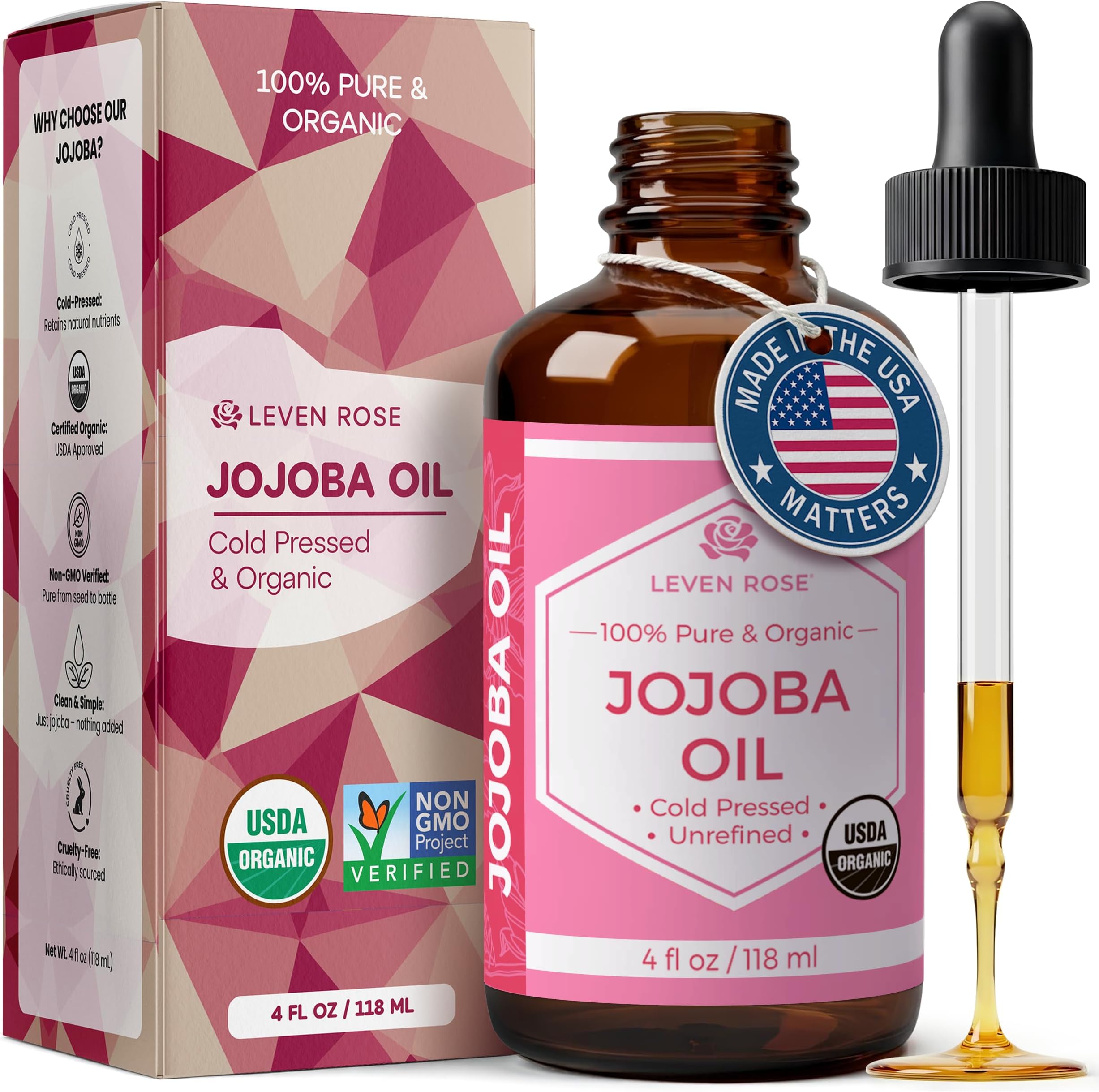 Jojoba Oil Organic, Pure Cold Pressed Carrier Oil, Natural Unrefined Moisturizer for Skin Hair and Nails 4 oz