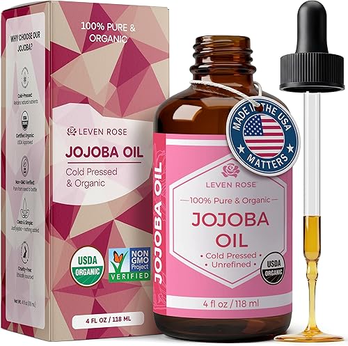 Aceite de jojoba de Leven Rose: 100 % orgánico, natural, sin refinar y prensado en frío, de 4 onzas para cabello, piel y uñas, 4U-BG76-6IYG, 1, 1