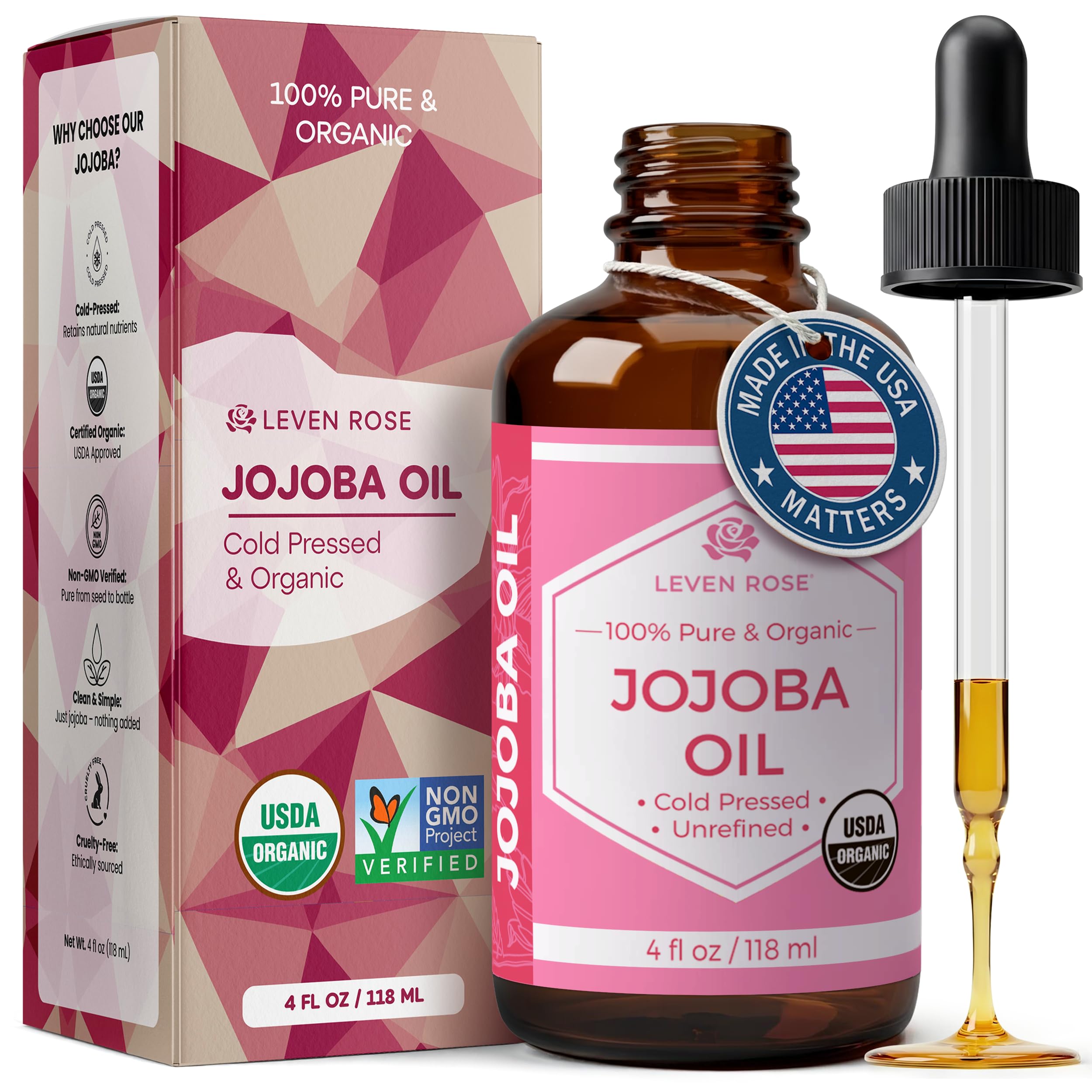 Jojoba Oil, Organic, 100% Pure Cold Pressed Unrefined, Made in the USA Revitalizes Hair and Gives Skin a Radiant and Youthful Look, Great for Lips, Cuticles, Stretch Marks, Beard, Leaving You Vibrant. Similar to Argan Oil, but Without the Smell, in a 4 oz Dark Amber Bottle, and Glass Eye Dropper for Easy Application