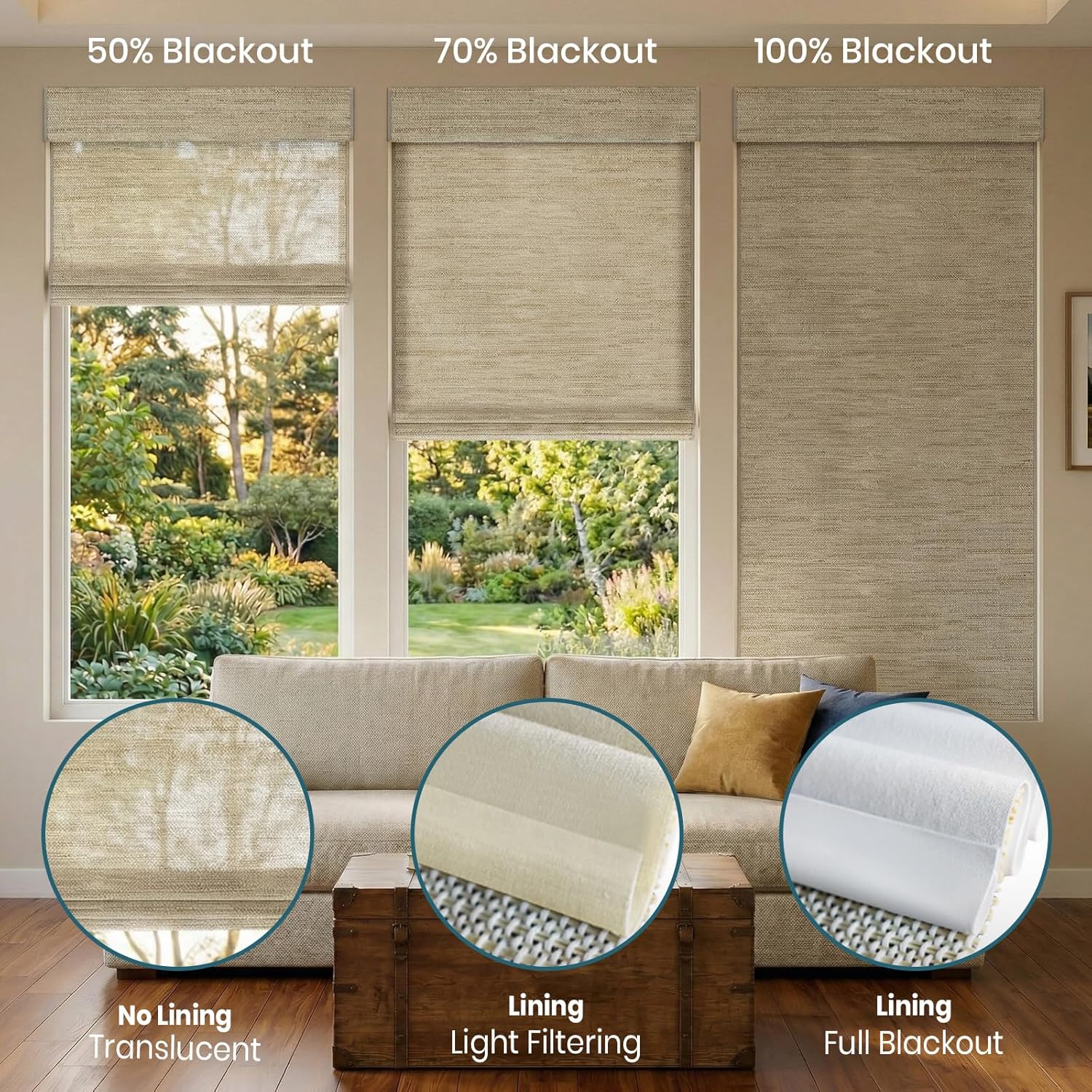 Motorized Roman Shades, Woven Woods Shades, Work with HomeKit/Alexa/Google Home, Cordless, Custom Size, Crocheting Kenaf
