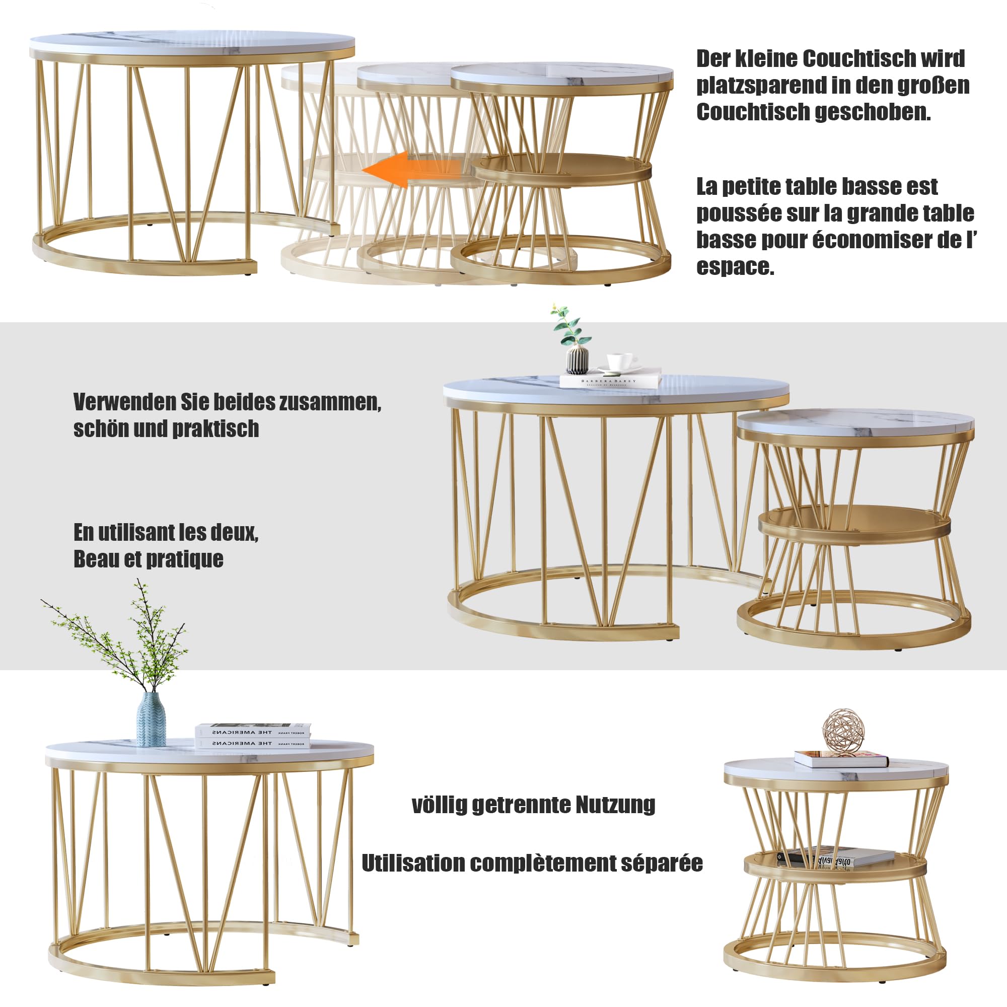 Couchtisch Rund 2er Set, Marmoriert Couchtisch, Sofa Tisch,Beistelltisch mit Metallrahmen,Moderne Kaffeetische Satztische für Wohnzimmer Schlafzimmer (Golden-021)