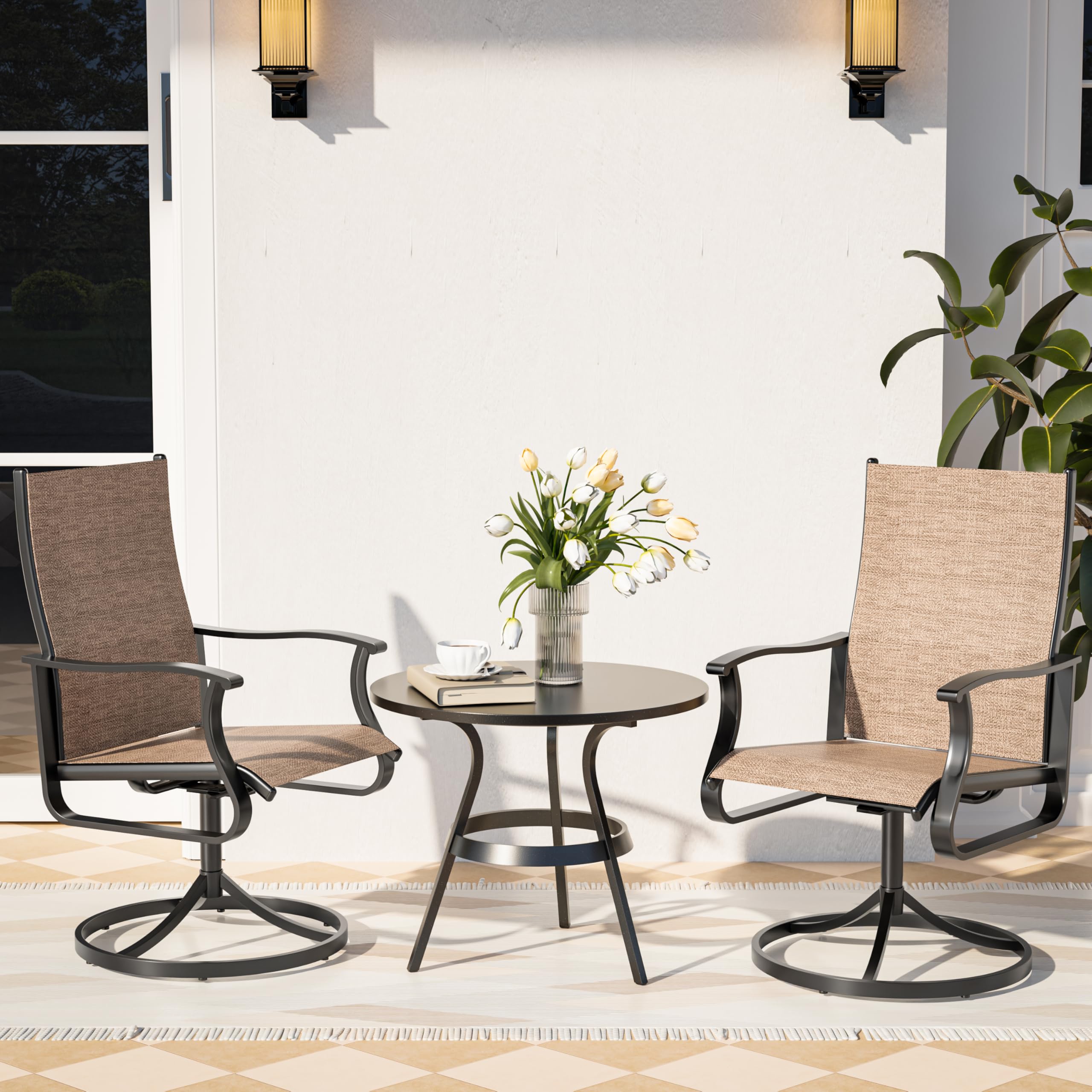Condition photo showing New/Like New for swivel patio chairs set of 4, 360°swivel outdoor patio chairs, all weather swivel rocker patio chairs with textilene mesh and rust-proof steel frame,for backyard,garden & porch,brown