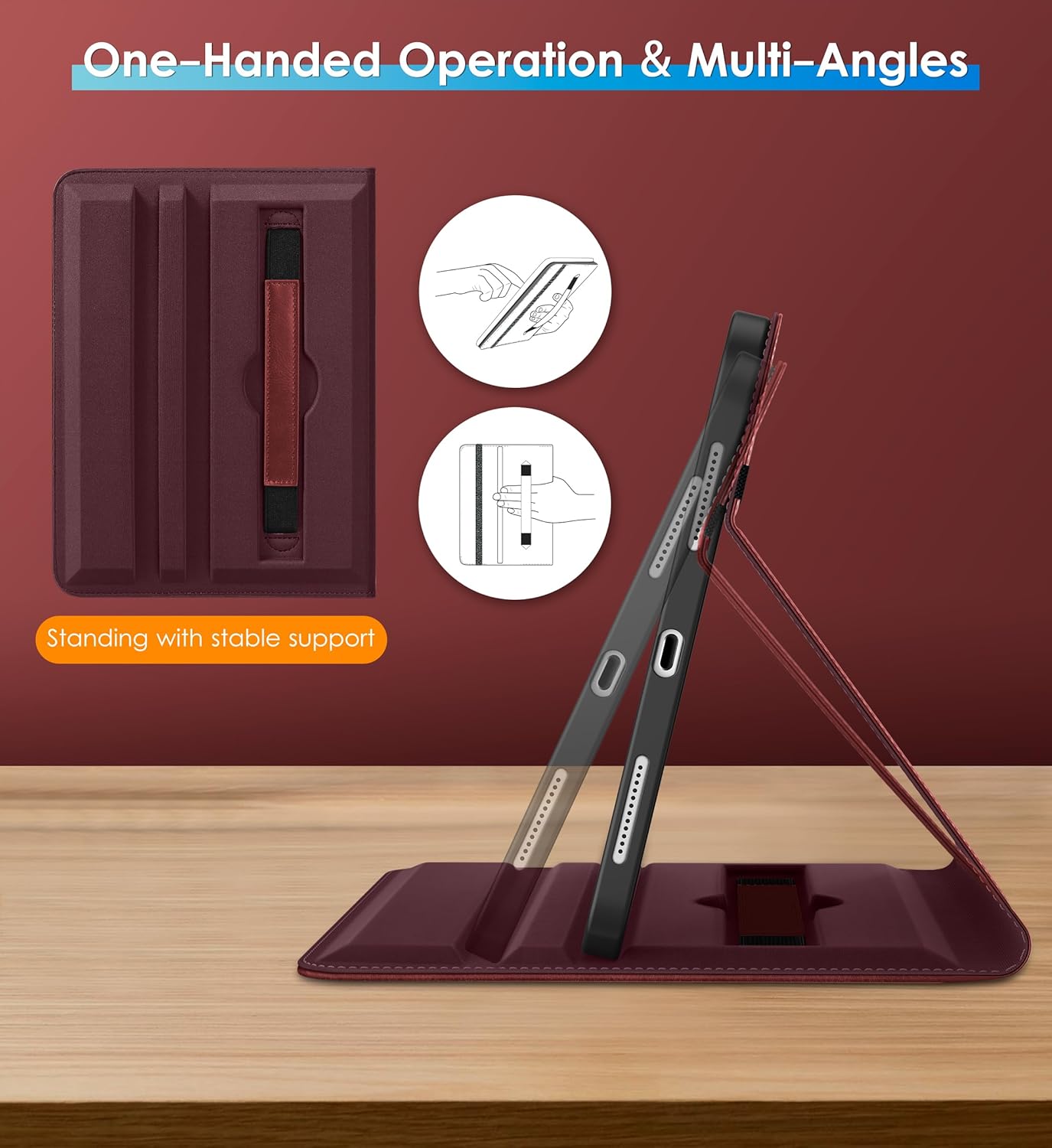 DTTO Rotating Case for iPad (A16) 11th Generation 11 Inch 2025, iPad 10th Generation 10.9 Inch 2022, 360 Degree Swiveling Premium Leather Folio Stand Cover with Pencil Holder, Burgundy Red