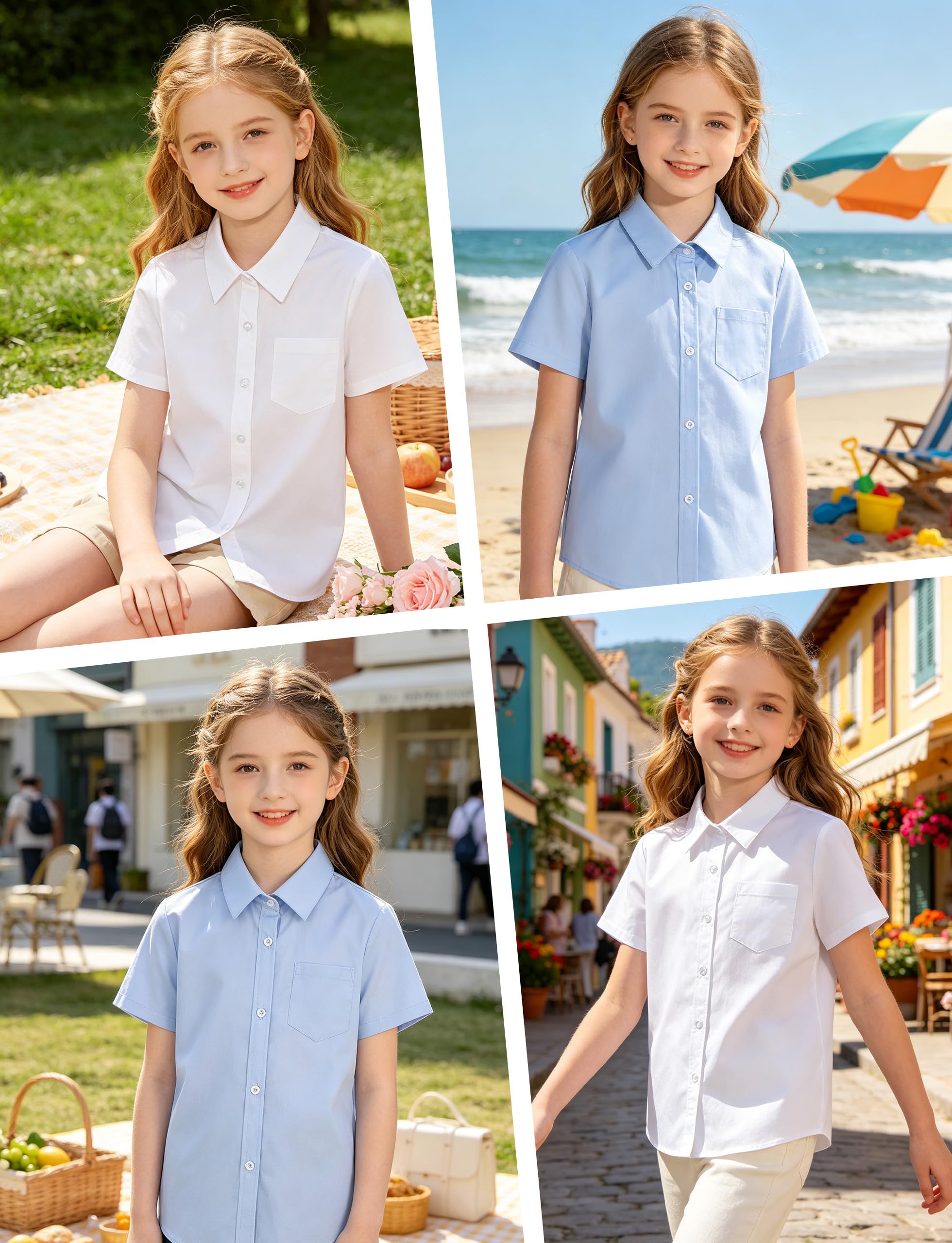 LOLANTA Camisa Escolar Lisa para niña, Blusa de Manga Corta con Bolsillo en el Pecho, fácil Cuidado, Resistente a Las Arrugas,7-13 años