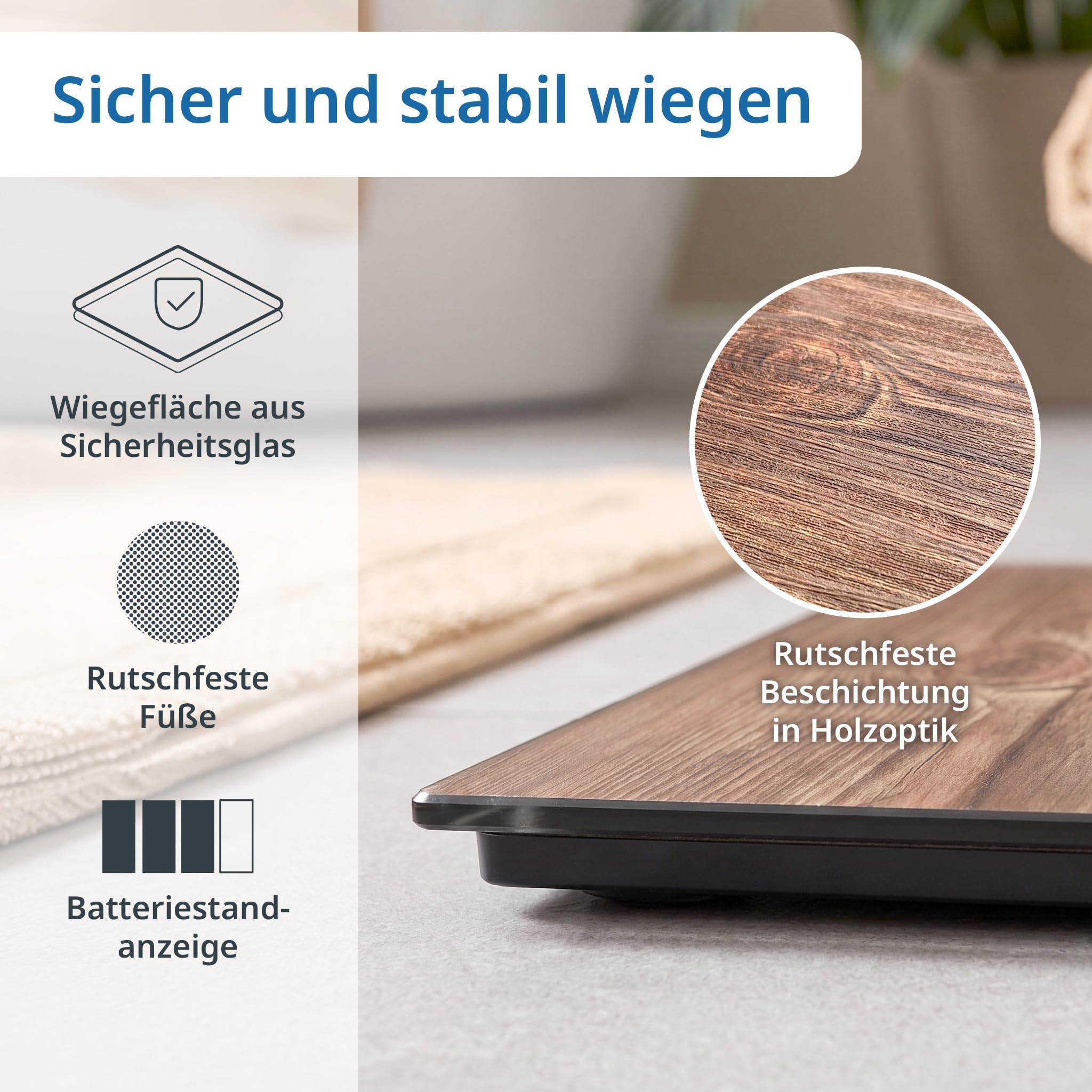 ADE Digitale Körperwaage in gemütlicher Holzoptik | großes Display | rutschhemmende Wiegefläche aus Sicherheitsglas | genaue Wiegeergebnisse