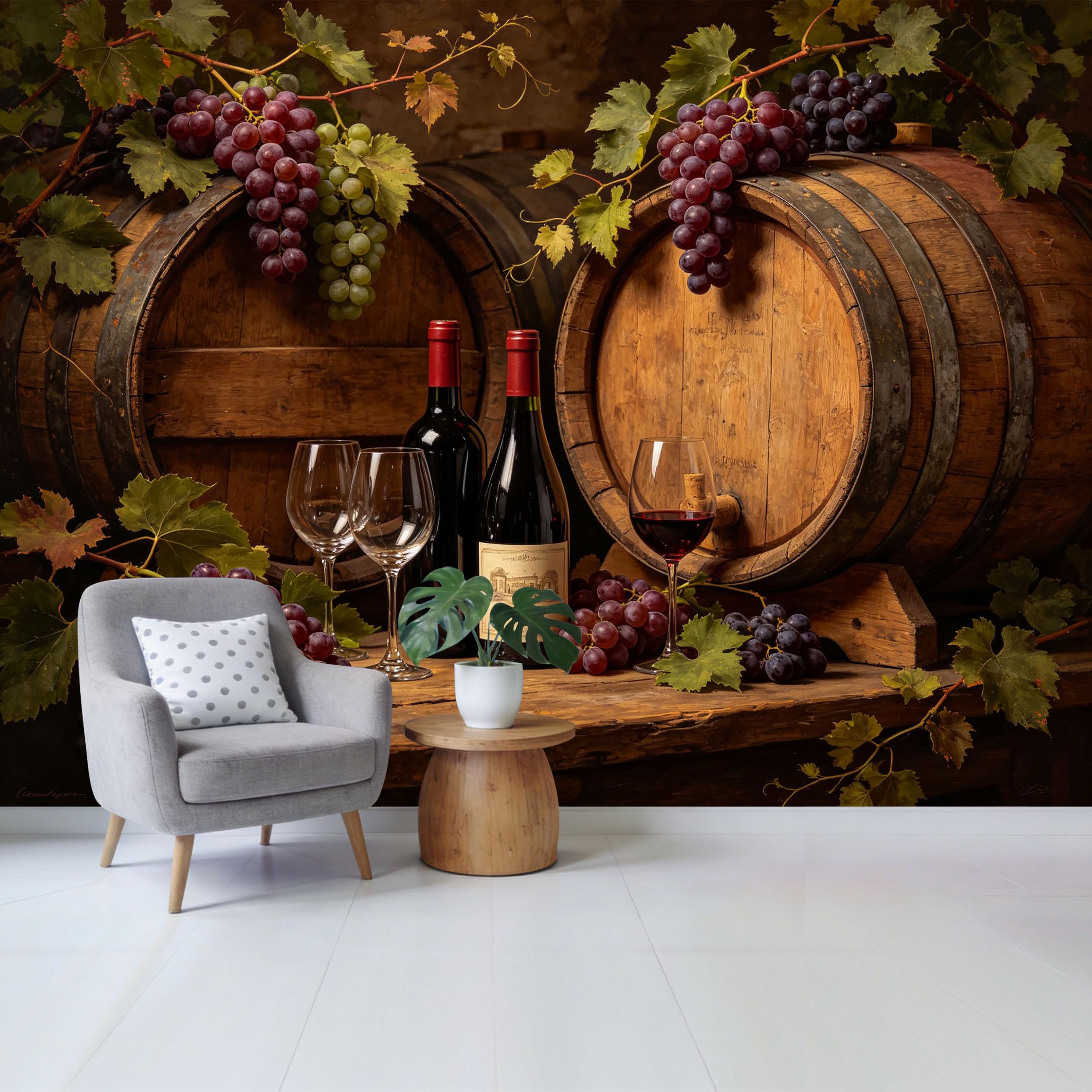 Qzlithotic Yq2605250837 Custom Size Wall Mural Vineyard Wine Barrel Grapes Oil Painting Style Selfadhesive Wall Fabric Removable Wallpaper For Home Office Decor
