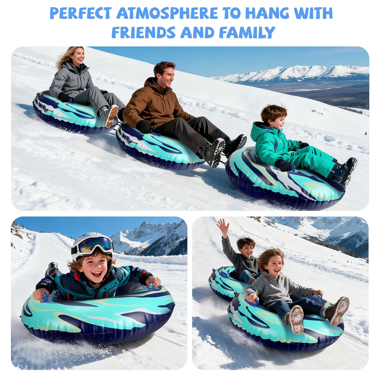 Tube à neige avec corde de remorquage remorquable, luge gonflable très résistante de 119,4 cm pour enfants et adultes de qualité supérieure résistante à l'abrasion avec fond épais pour l'hiver