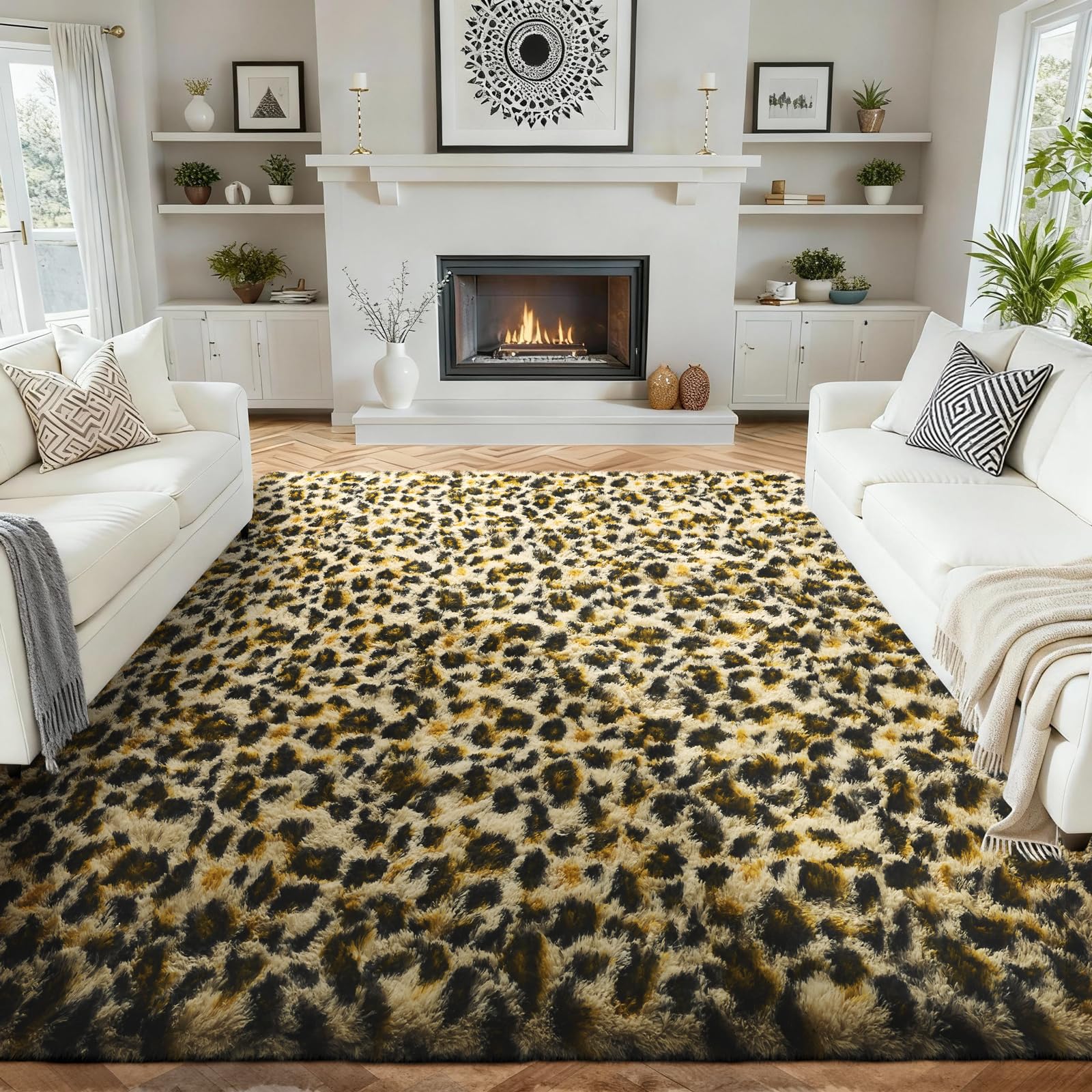 Ophanie 6x9 Leopard Rugs for Bedroom Living Room, Cheetah Print Rug Fluffy Shag Large Fuzzy Plush Soft Throw,Large Shaggy Floor Faux Animal Throw Carpets,Decor Aesthetic with Over 99 pcs Pile fibers