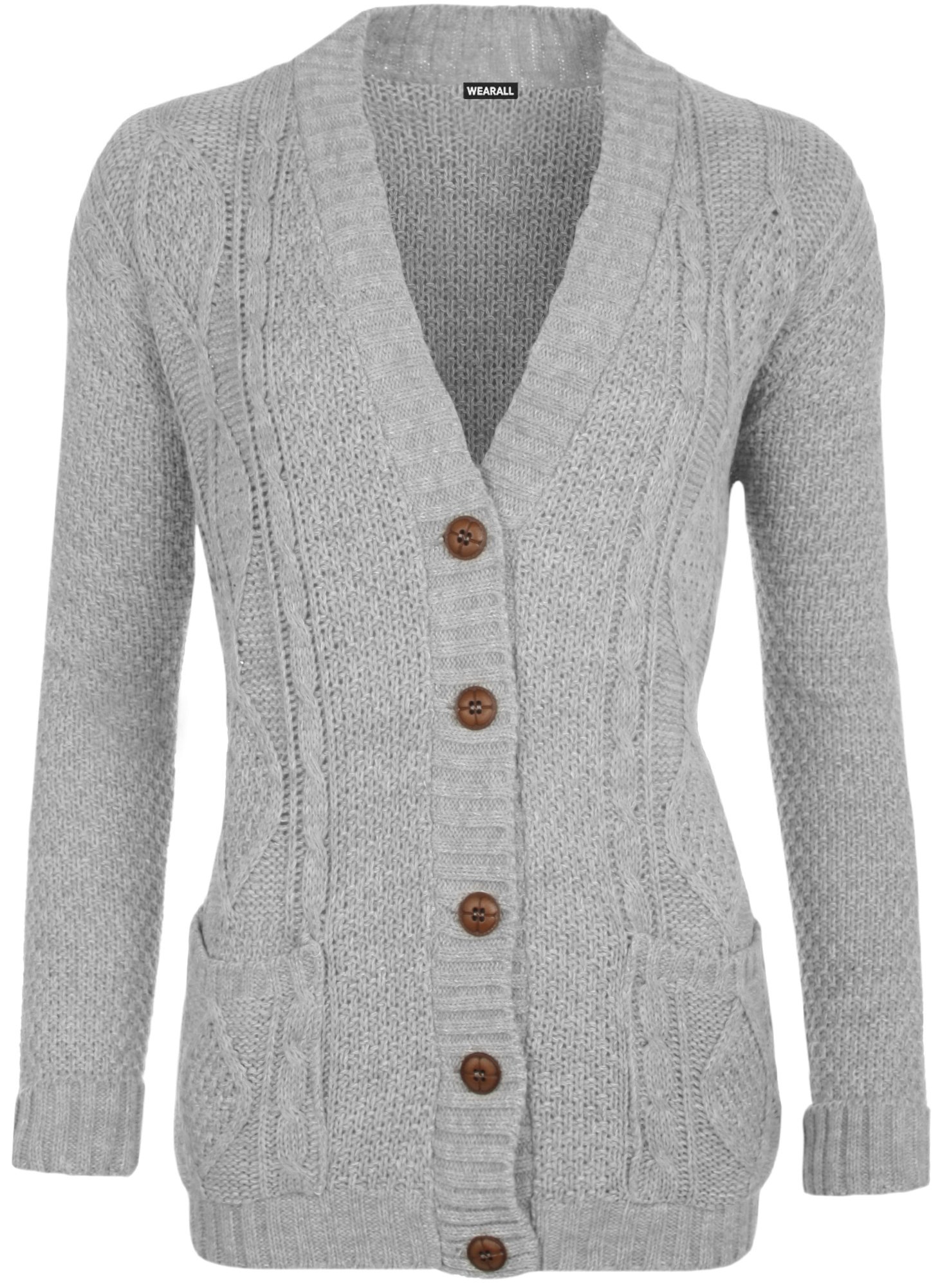Wearall Women's Grey Cable Knitted Button Cardigan Long Sleeve Boyfriend Top - 12/14
