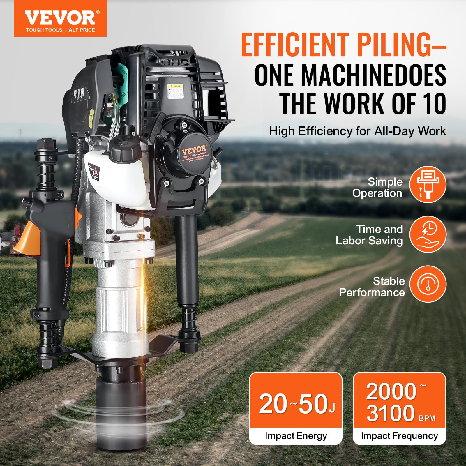 VEVOR Controlador de Postes de Gas 37,7cc Controlador de Postes de Cerca en T Portátil de 4 Etapas 1000W con 2 Cabezales de Conducción de 55/70 mm para Cercas Agrícolas, Ranchos, Mejoras de Carreteras