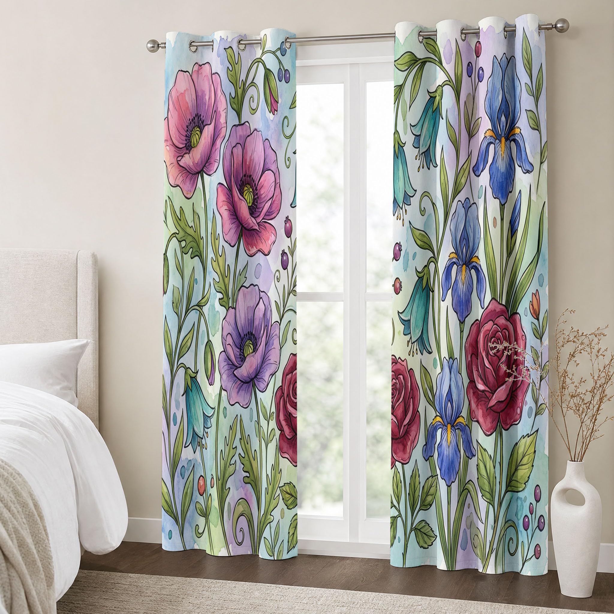 Mohnblume Und Iris Vorhänge, Aquarellblumen Verdunkelungsvorhang - Lila Vorhang Blickdicht, Thermovorhang Für Schlafzimmer Gardinen Mit Ösen, H175 X B140 cm (2Er Pack)