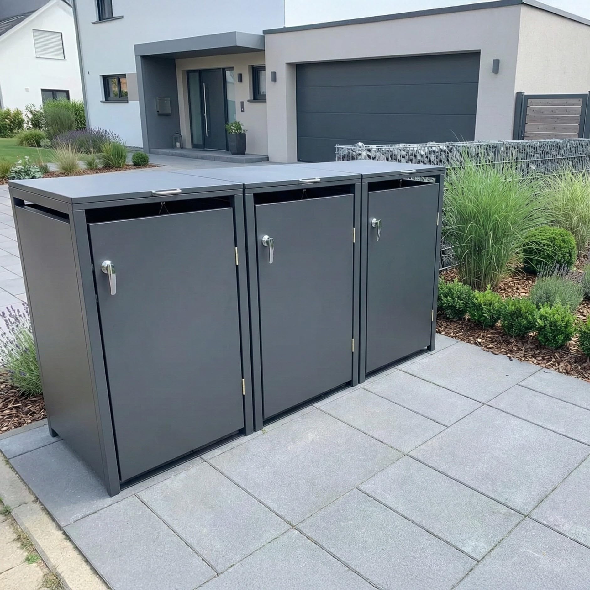 Metzler Mülltonnenbox 3er 240L aus massivem und pulverbeschichtetem Stahl in Anthrazit | Mülltonnenverkleidung für 3 Tonnen | Abfallbehälter Verkleidung | abschließbar | Müllbox | Tonnenhaus
