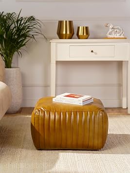 Solid Handmade Beige Leather Square Pouf 21"x21"x12", Recycled Foam