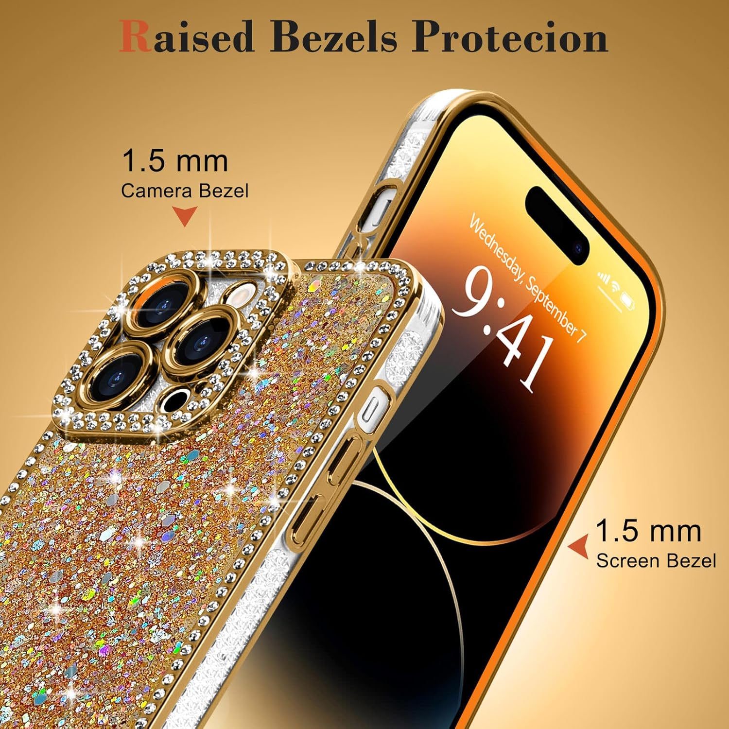 Lafunda for iPhone 14 Pro Case Glitter, Luxury Shiny Bling Sparkly Bumper Cover with Crystal Diamonds for Women Girls Soft TPU Slim Shockproof Protective Phone Case for iPhone 14 Pro 6.1", Gold - Image 4