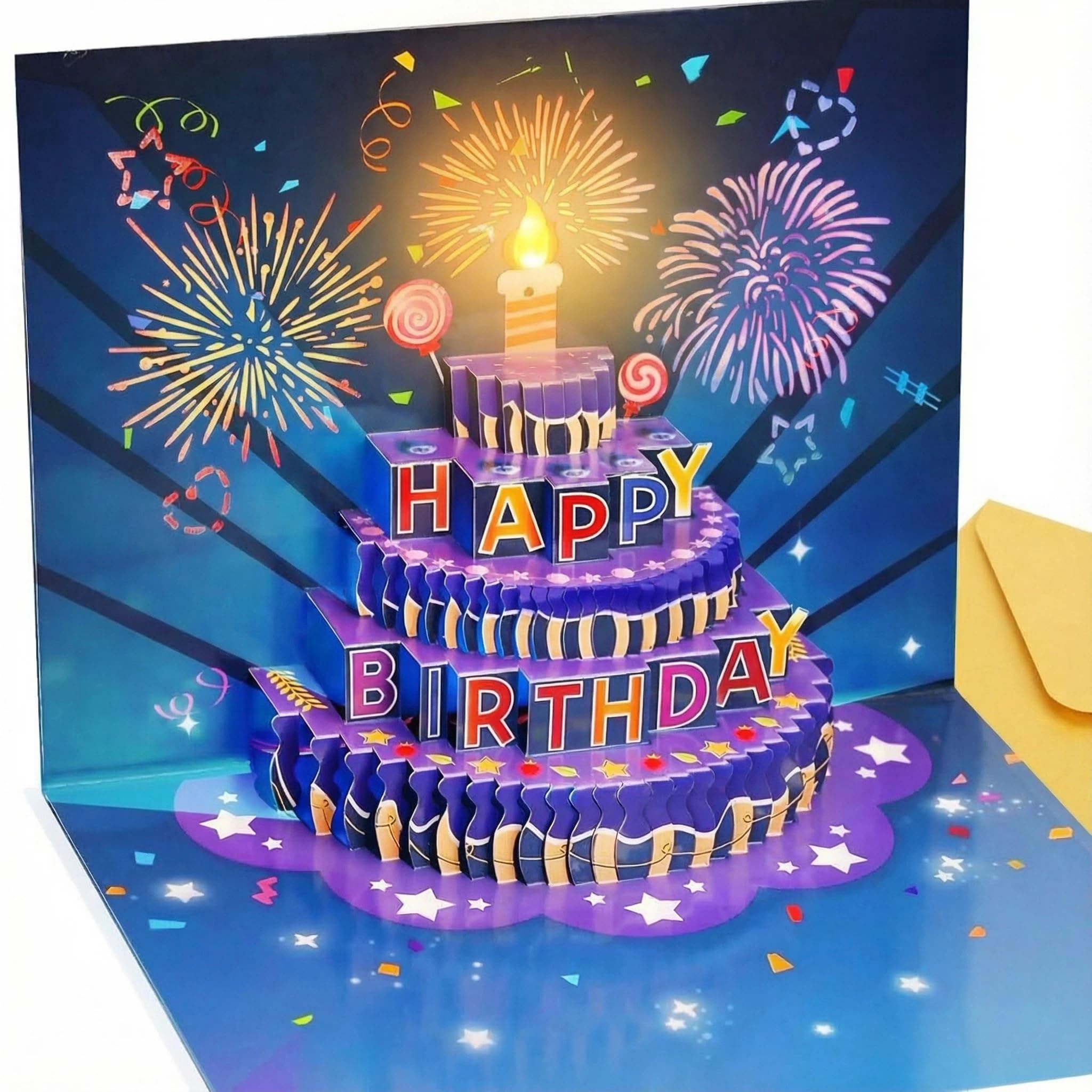 Fireworks Birthday Card with Pop-Up 3D Cake - Blowable Candles & Birthday Music - Interactive Musical Greeting Card Set with Envelopes - Unique Gift for Kids, Adults