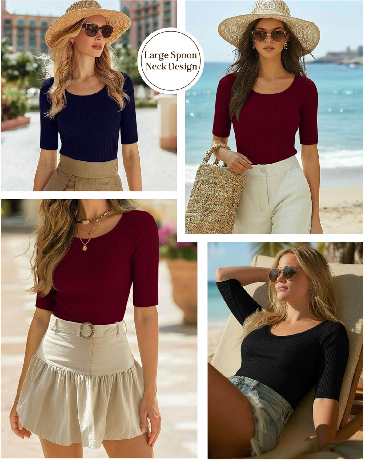 Ficerd 3 Pack Women's Half Sleeve Tops Ribbed Elbow Length Shirts Scoop Neck Slim Fit Summer Basic Tee Trendy Casual Blouses(Black, Navy, Burgundy,X-Large) - Image 6