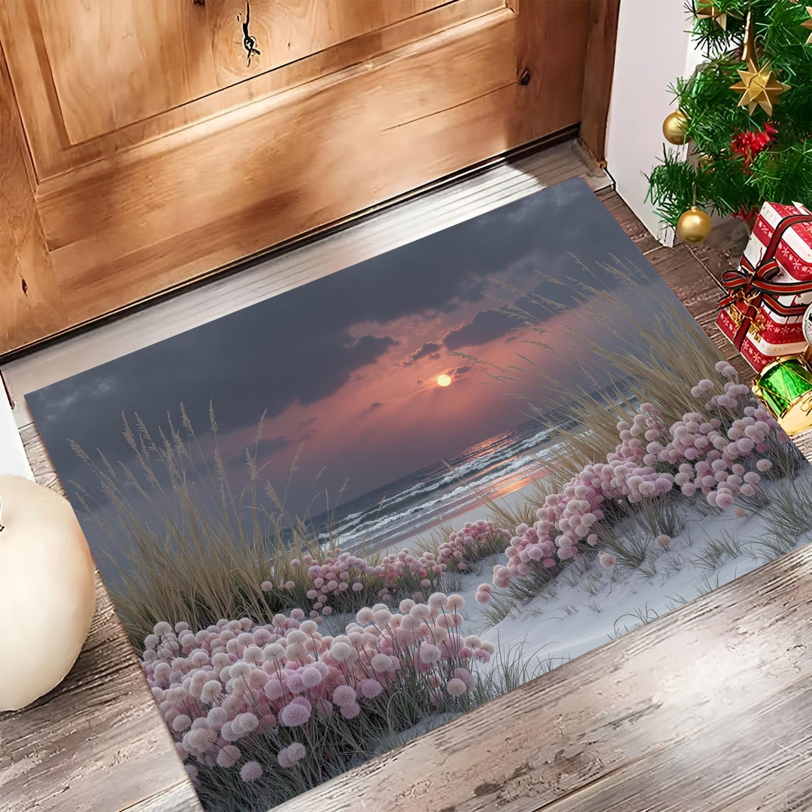 Tapis Sunset Beach 90X150Cm en Fausse Laine Rose Gris pour Salle De Bain Cuisine, Petit Paillasson D'Entrée D'Intérieur, Paysage Végétal, Tapis De Sol Antidérapant Lavable