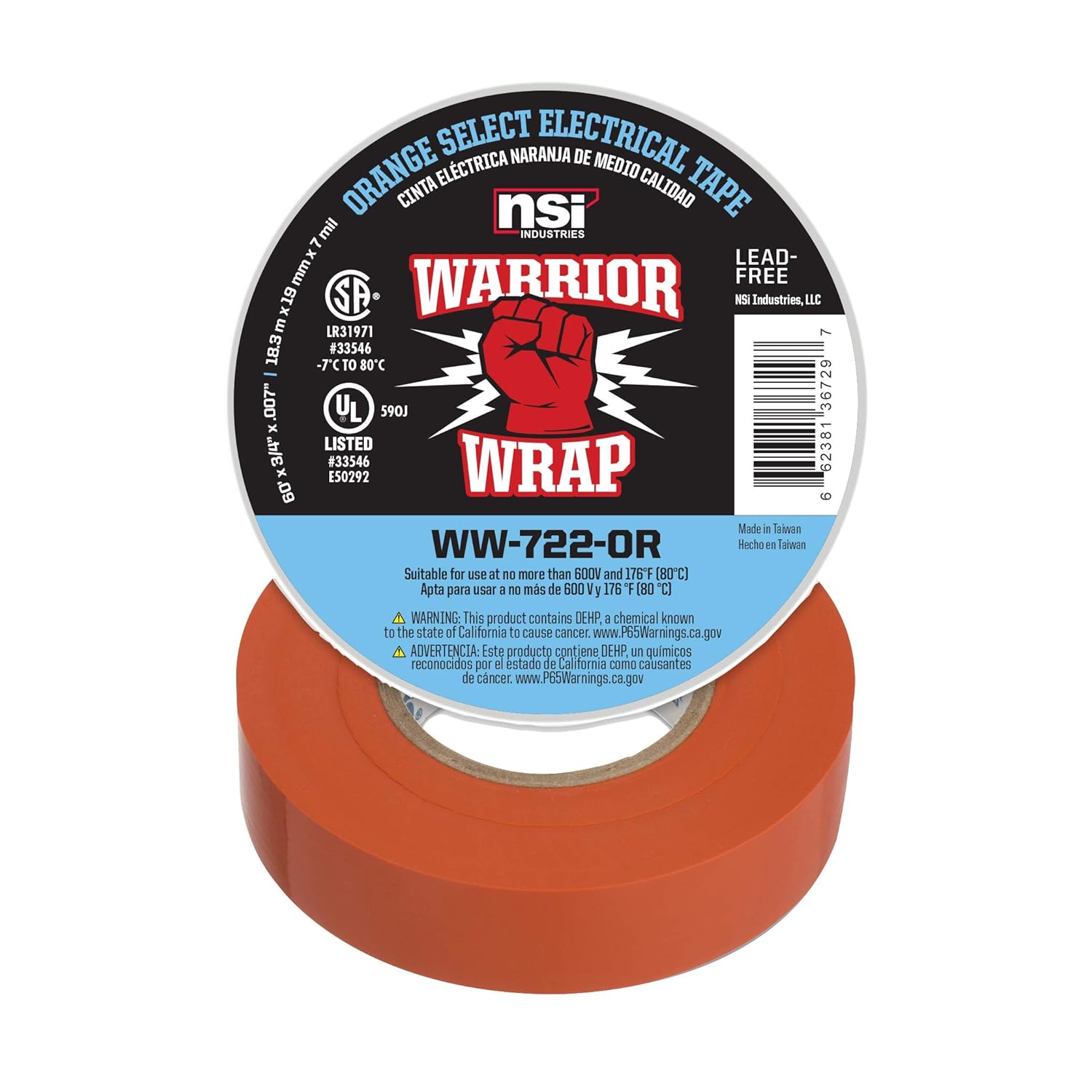 NSI WarriorWrap Select 3/4 in. x 60 ft. 7 mil Vinyl Electrical Tape, Orange