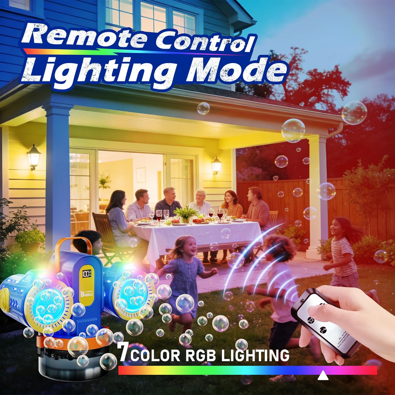 Belemar Dual-Engine Bubble Machine with RGB Lights & Remote Control, 150° Auto Rotation, Battery Status Display, Type-C Rechargeable,700mL Tank,Bubble Maker for Kids, Parties, Weddings, Outdoor Events