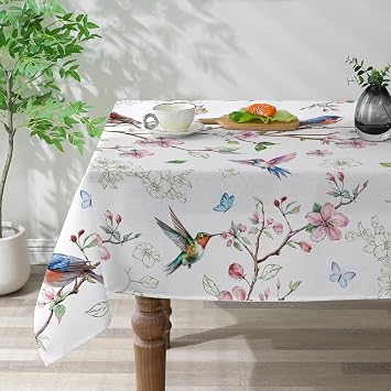 Spring Square Tablecloth 52x52, Floral Bird Decor | Spring Decorations for Home, Water Resistant Washable Spring Table Cloth for Party, Kitchen