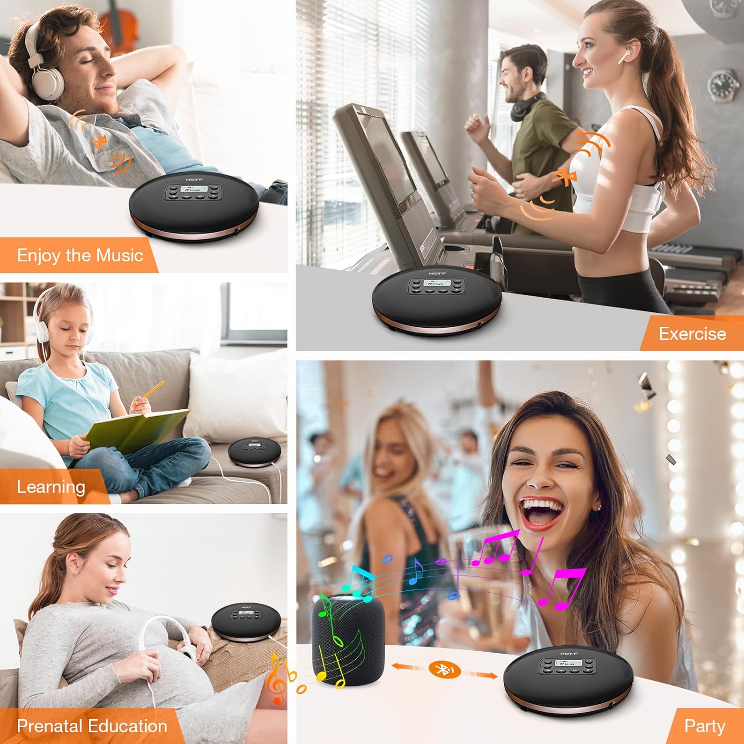 HOTT Portable CD Player with Bluetooth CD-R,MP3 USB Rechargeable with Headphones and AUX Cable for Car Travel, Discman CD Player with Shockproof （CD711T）