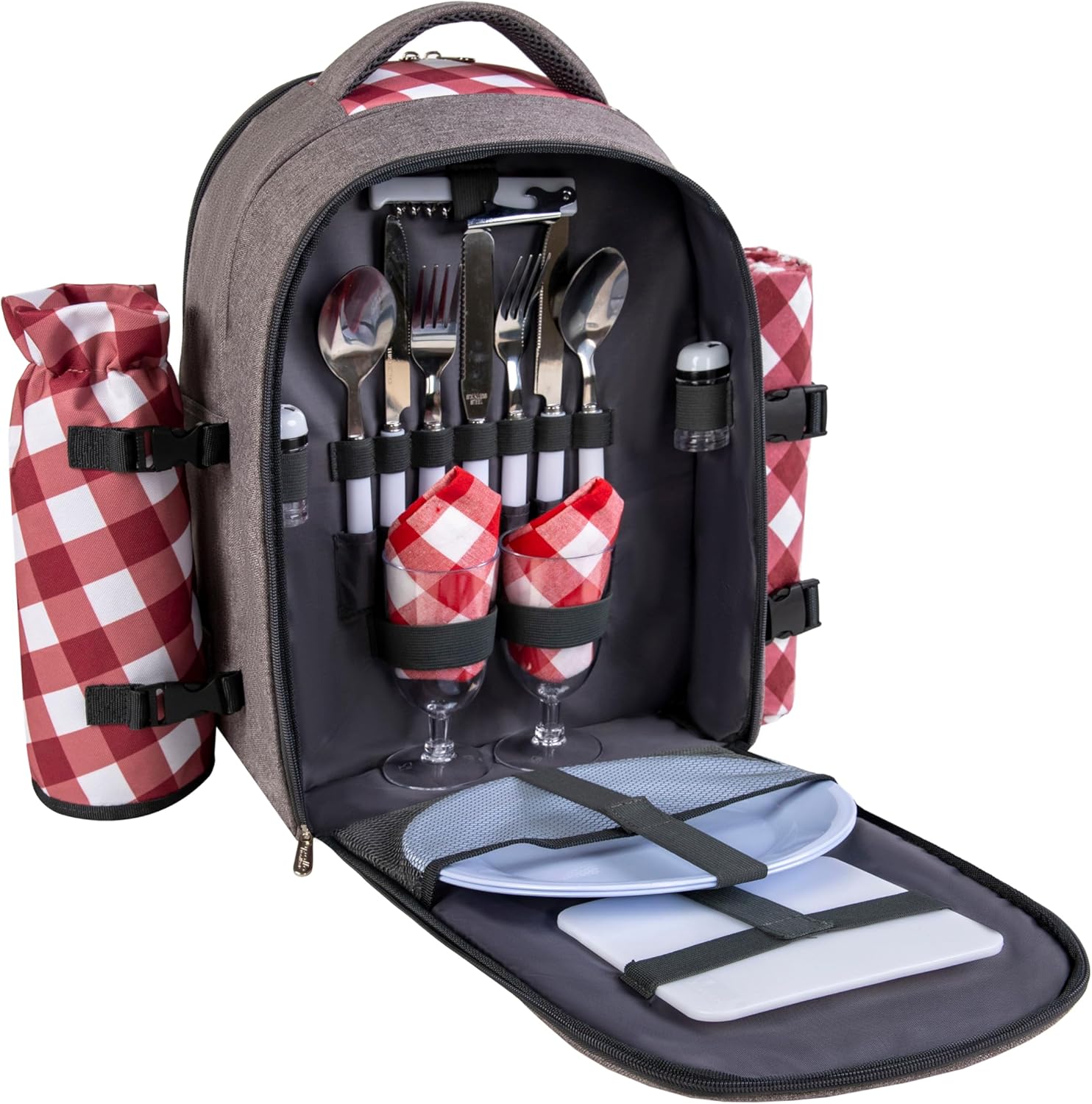 apollo walker Picnic Backpack Bag with Cooler Compartment, Detachable Bottle/Wine Holder, Fleece Blanket, Plates and Cutlery Set (2 Person, Gray) - Image 9